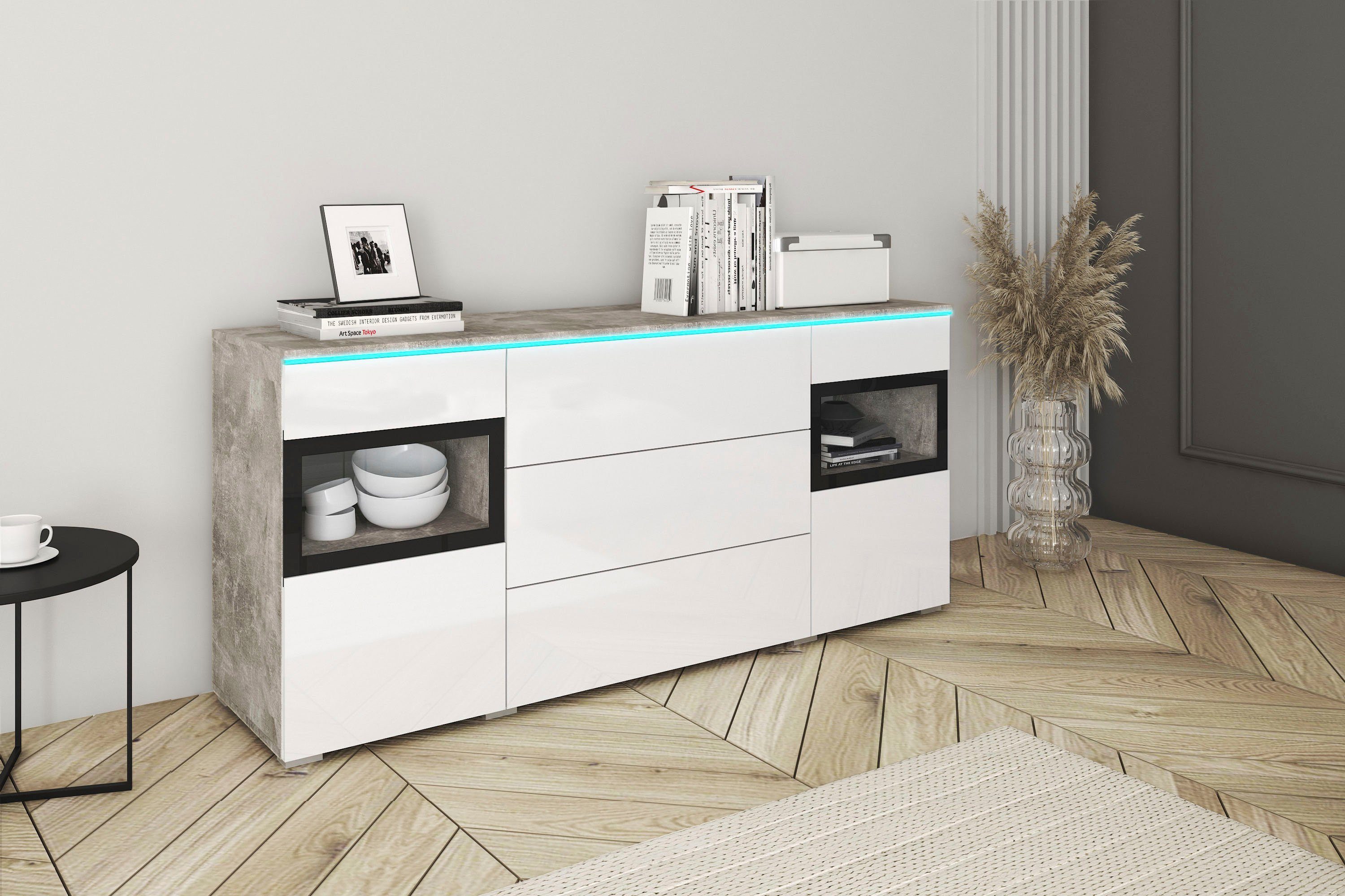 Vera, 150 cm, Betonoptik/weiß Breite INOSIGN Sideboard Hochglanz Beleuchtung ohne