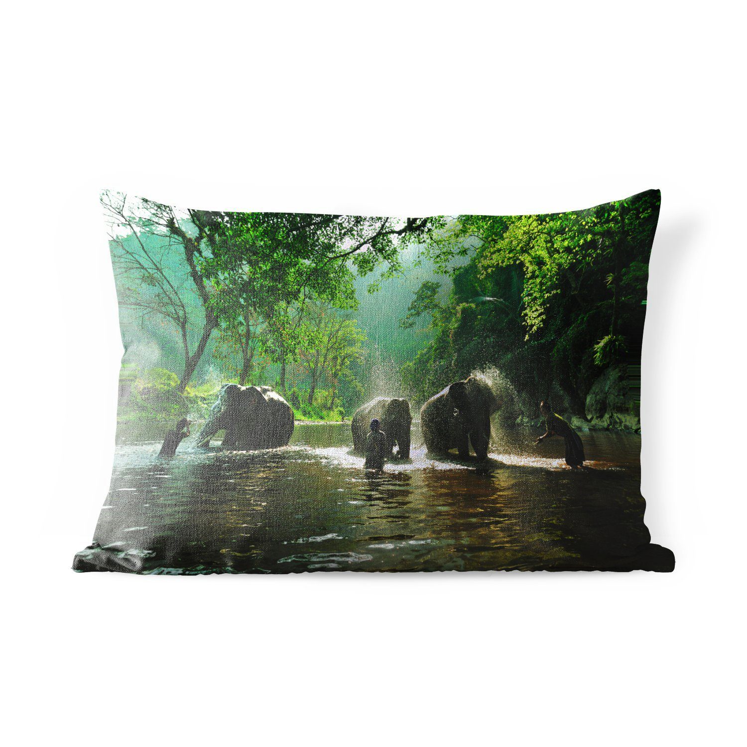 MuchoWow Dekokissen Elefant - Wasser Bäume - - Tiere, Dekokissenbezug, Kissenhülle Polyester, - Grün Outdoor-Dekorationskissen