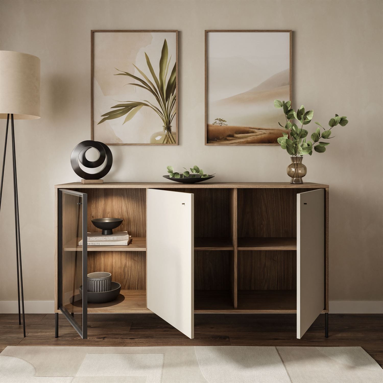 Lookway Kommode ISA 3D Sideboard mit drei Türen und LED-Beleuchtung, Breite: 151 cm
