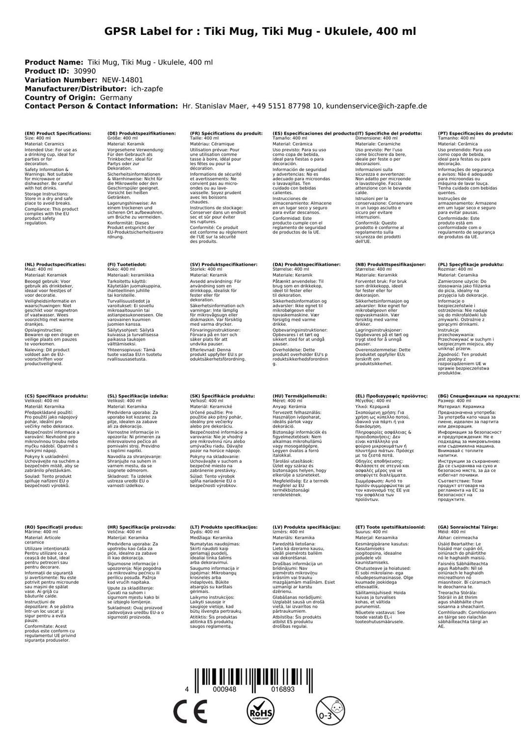 FUCHS Becher Tiki Mug, Tiki Becher - Ukulele, 400 ml