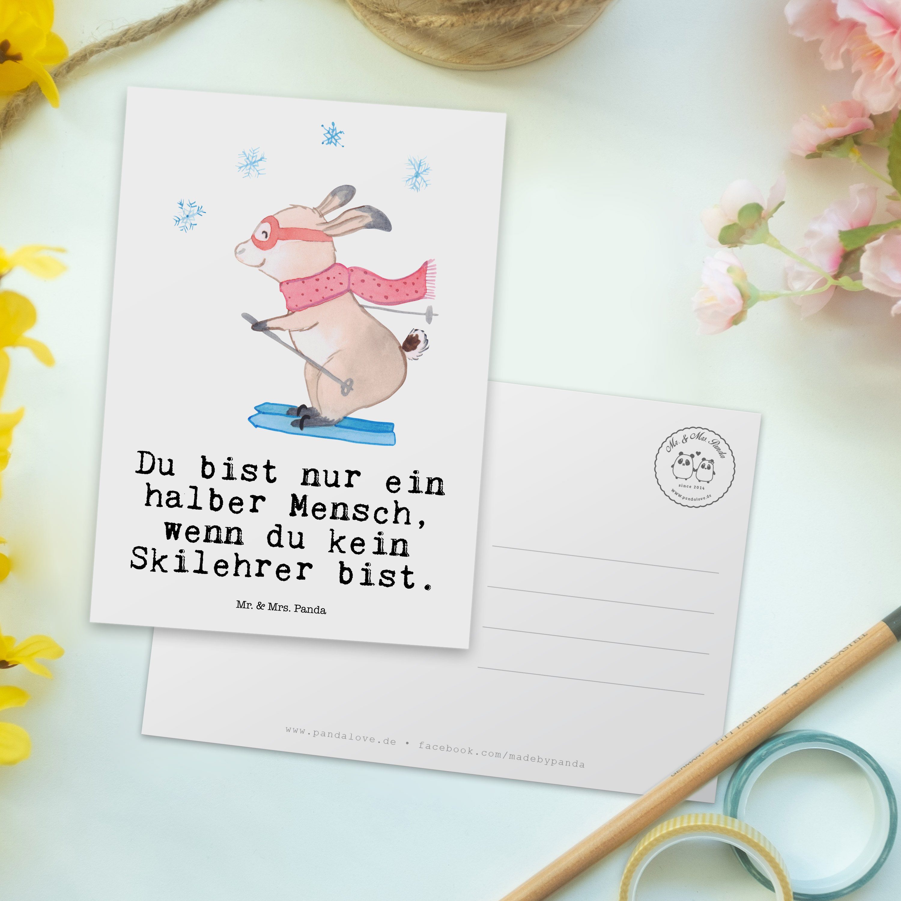 Mr. & Mrs. Panda Postkarte - - Geschenk, Mitarbeiter mit Skilehrer Weiß Herz Grußkarte, Danke