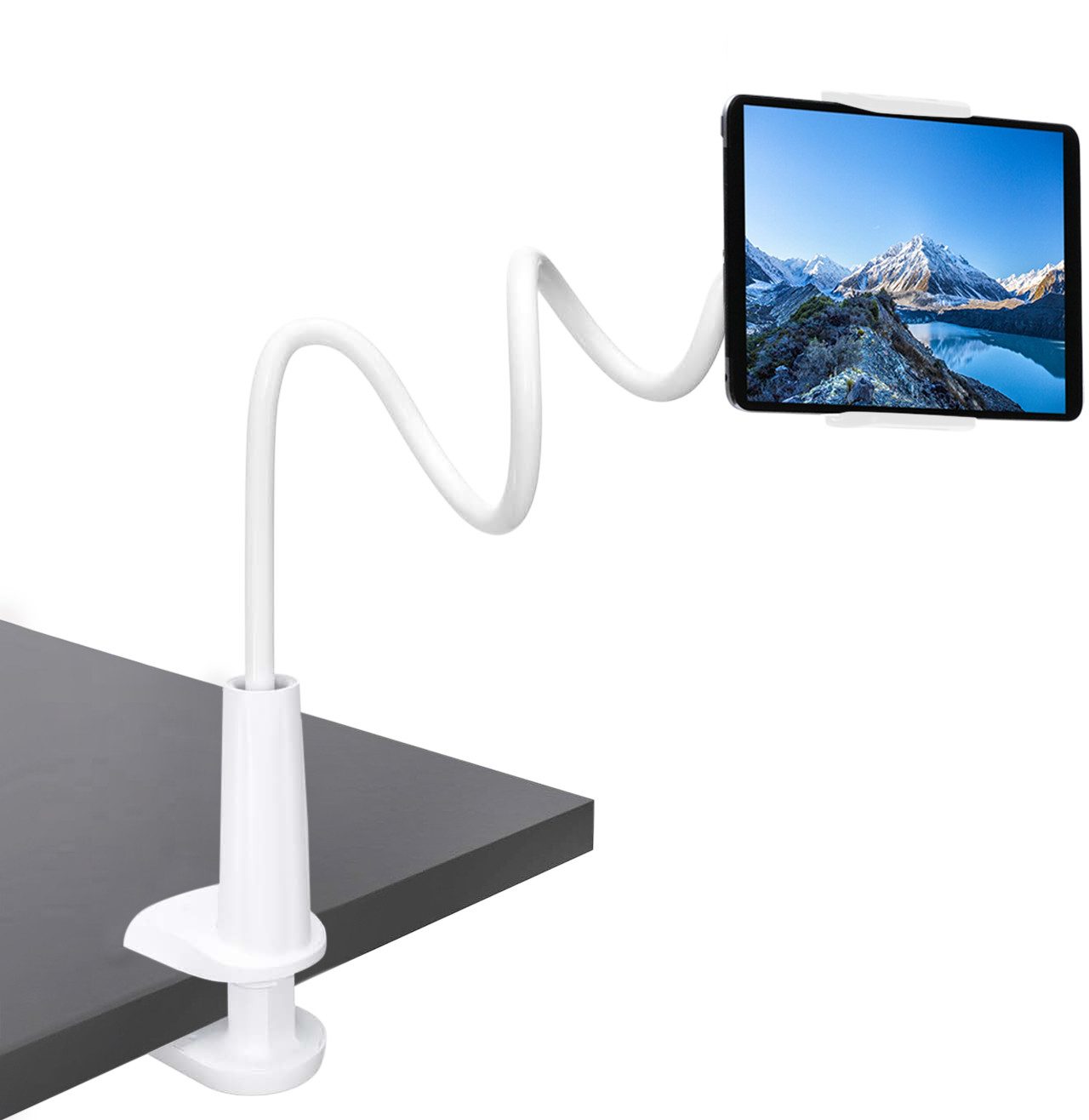 CLM-Tech Schwanenhals Tablet Halterung Bett - Handy Halter als langer Arm -, (bis 11 Zoll, Tablet Tisch Halterung - Weiß, 2-tlg., Flexible Kindle Halterung)