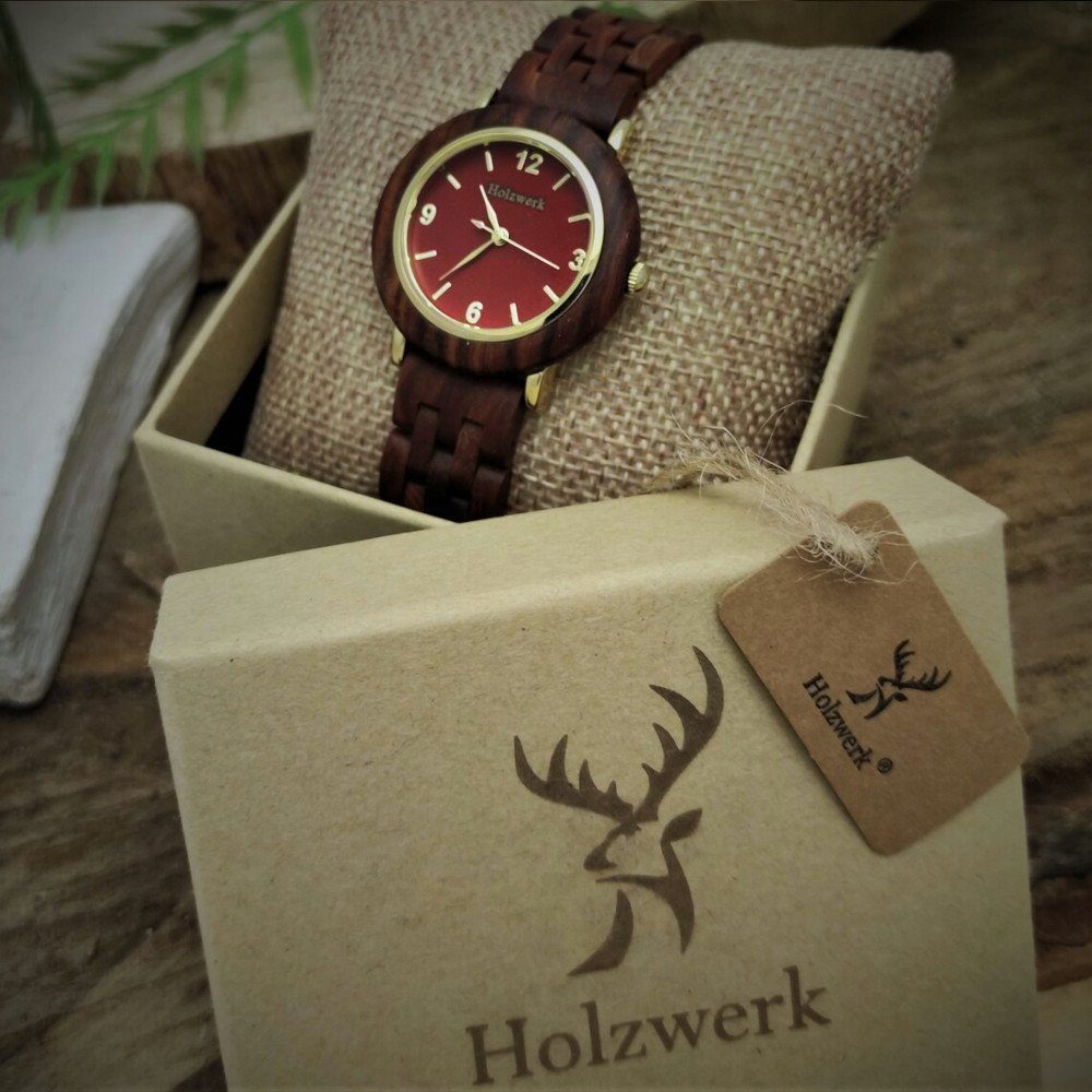 & Quarzuhr Armband Damen THALE braun, Holzwerk rot, Edelstahl gold Uhr, kleine Holz