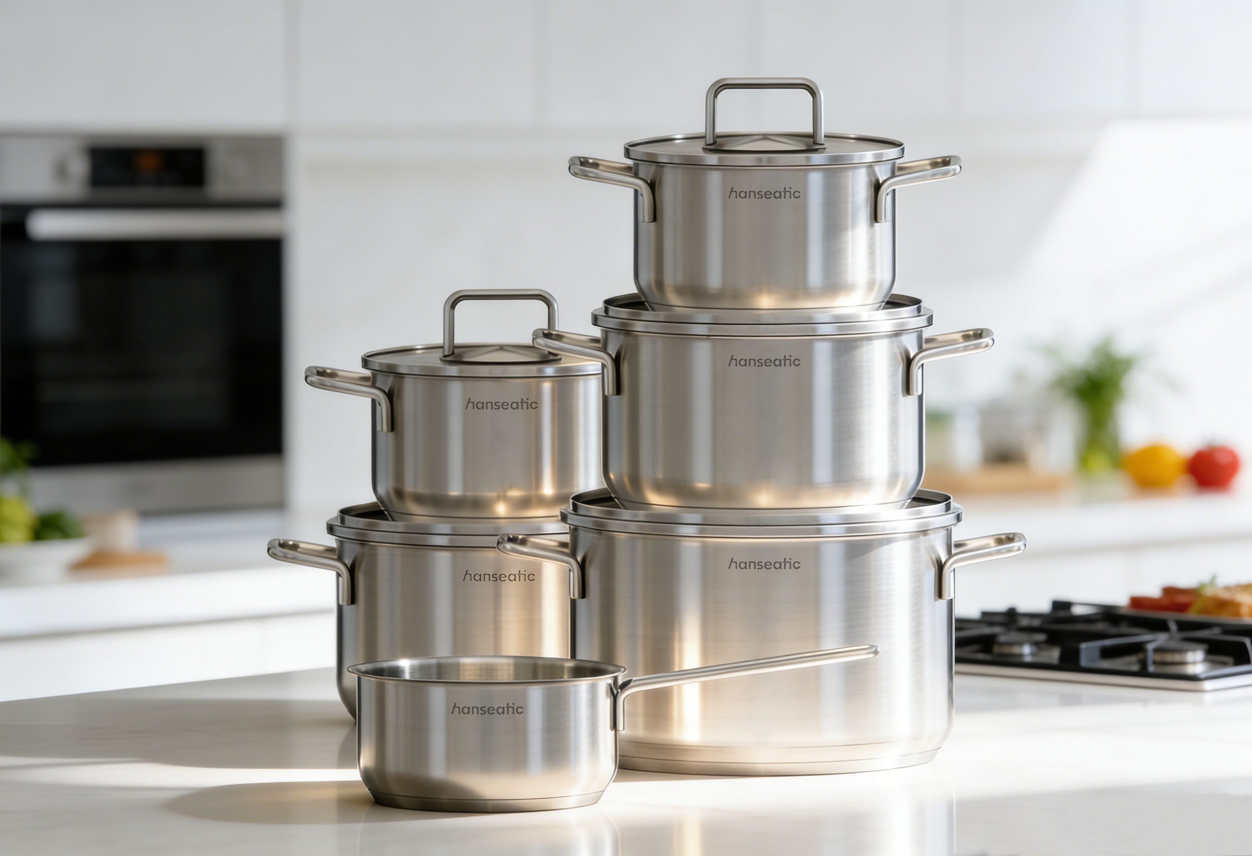 Hanseatic Topf-Set BASIC, Edelstahl 18/10 (Set, 11-tlg., Stielkasserolle 16 cm, Kochtopf 2x16/2x20/1x24 cm), für alle Herdarten geeignet, unbeschichtet