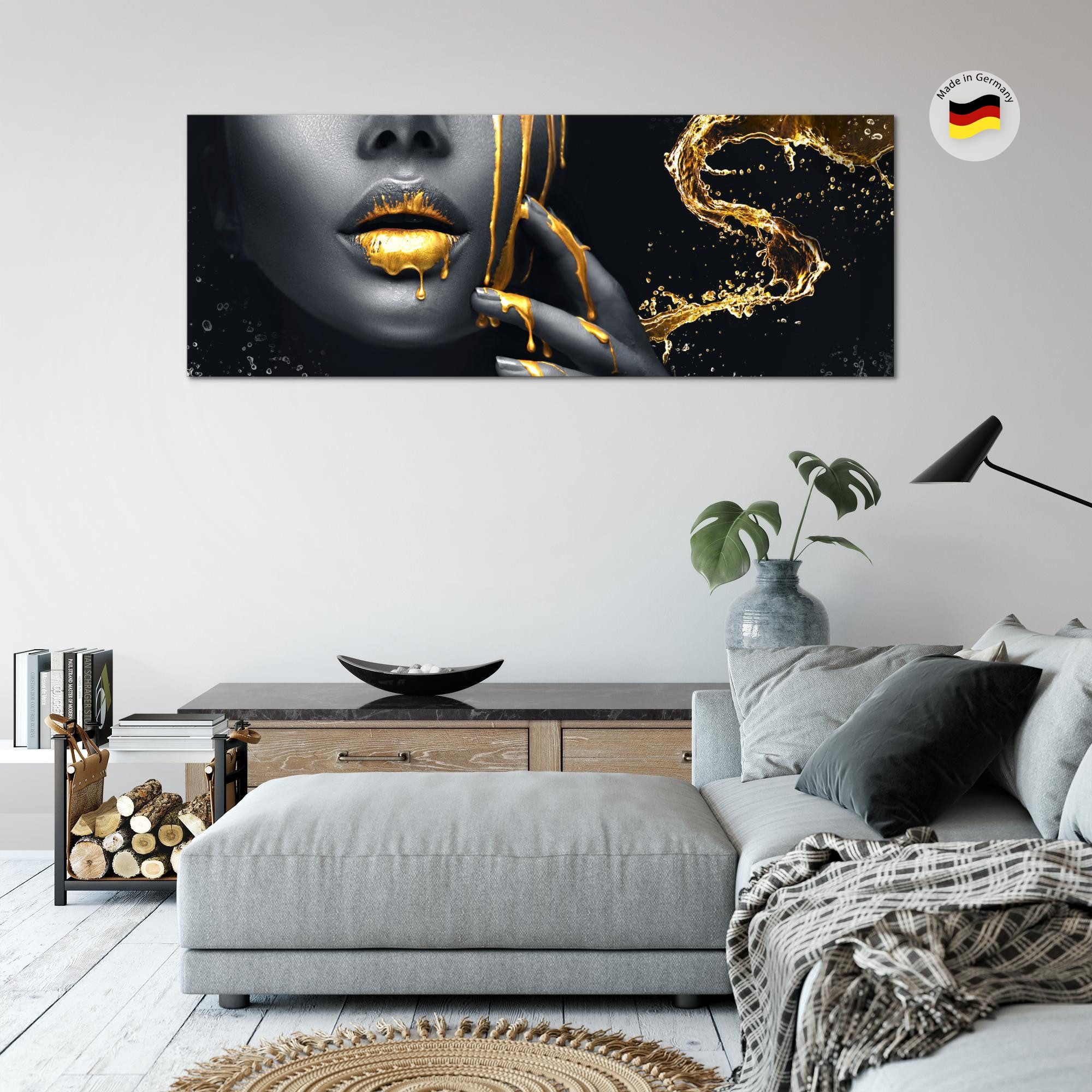 Runa Art Wandbild Schwarz Gold Wohnzimmer Deko Bild Frau Fashion, (1 St)