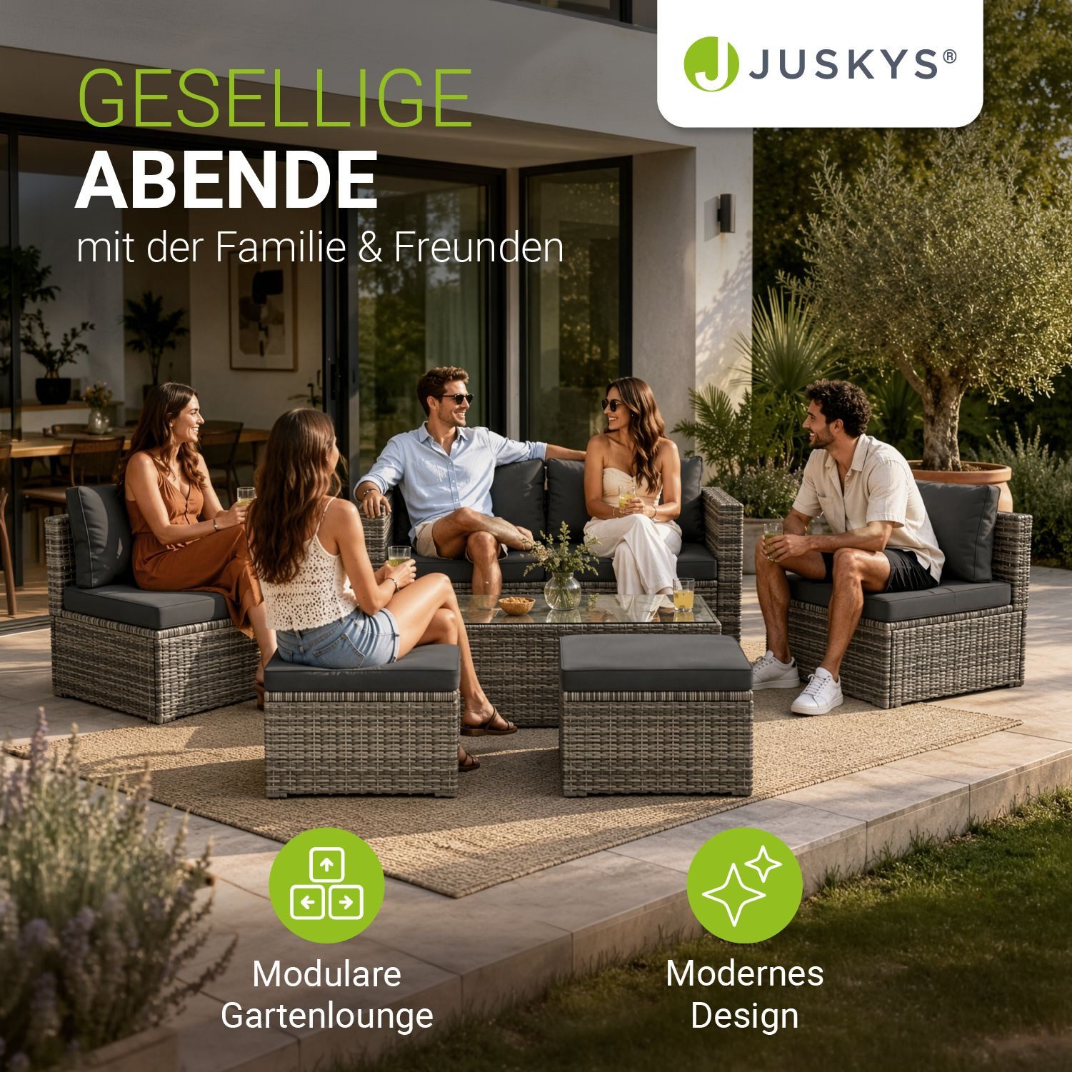 Juskys Gartenlounge-Set Salou, (6-tlg), für 6 Personen, Polyrattan, Glasplatte, wetterfest, mit Kissen