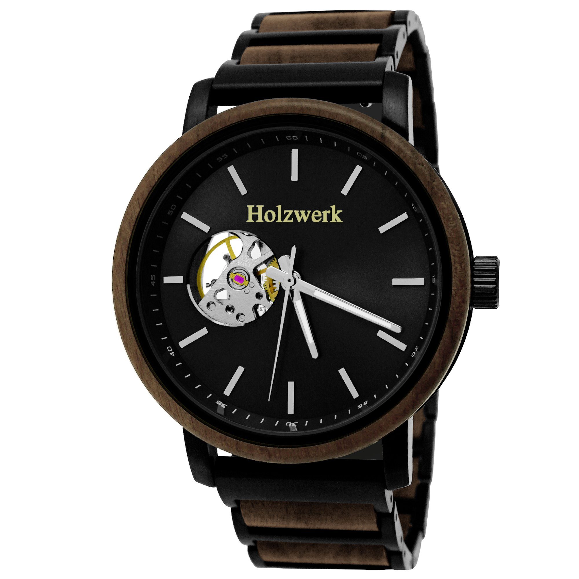 Holzwerk Automatikuhr COESFELD Herren Edelstahl & schwarz, Holz matt Uhr, Armband braun