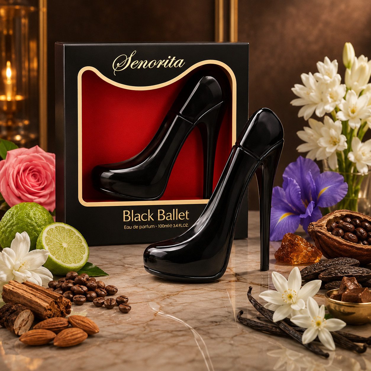 Fine Perfumery London Eau de Parfum Senorita Black Ballet Heel Damenparfum Orientalisch Blumig Süß e100 ml, Hergestellt in UK, Langanhaltender Duft, High-Heel-Geschenk