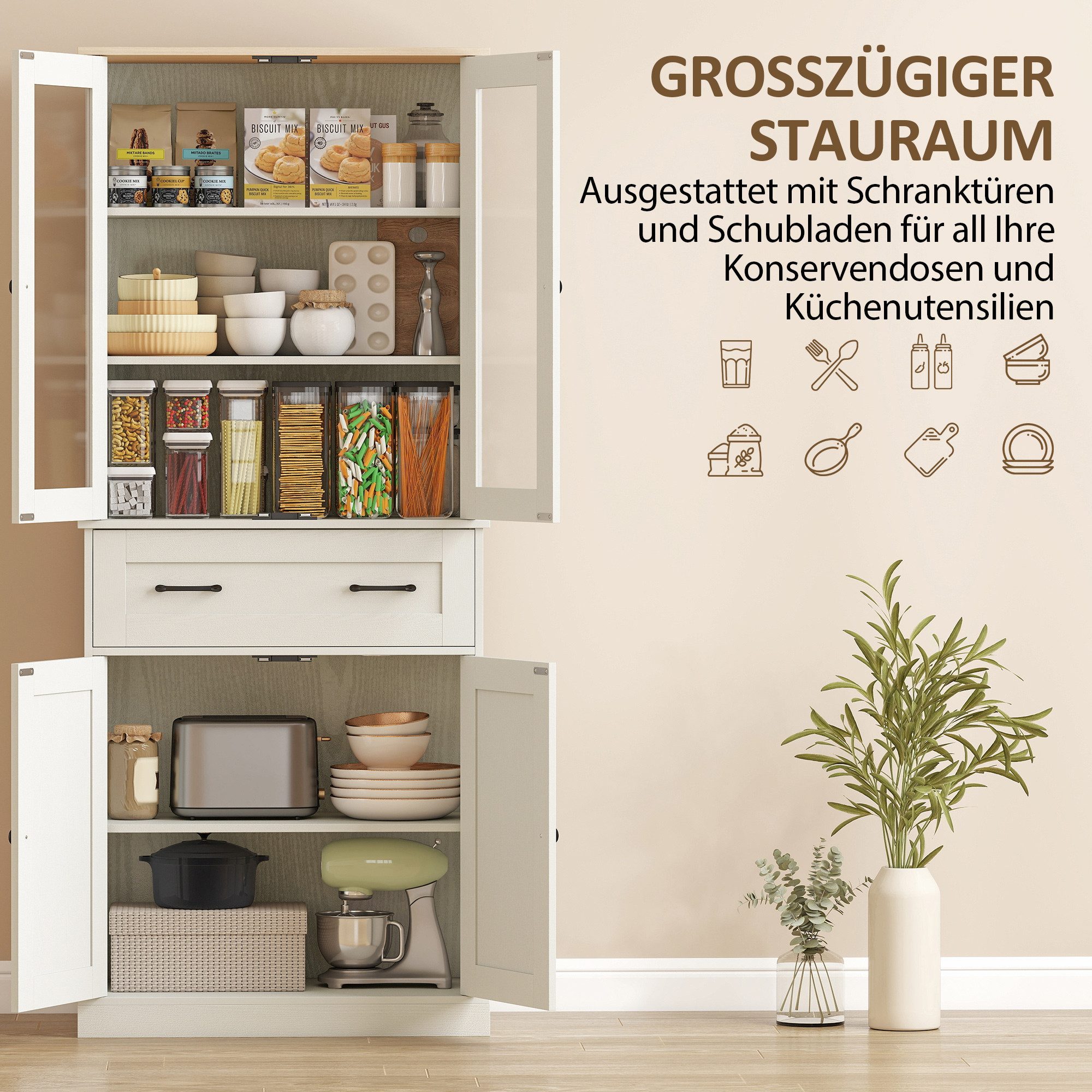HOMCOM Hochschrank mit verstellbaren Regalboden (Buffetschrank, 1-St., Vorratsschrank) für Küche, Wohnzimmer, Esszimmer Cremeweiß, 76 x 40 x 182,5 cm – Bild 5 von 5