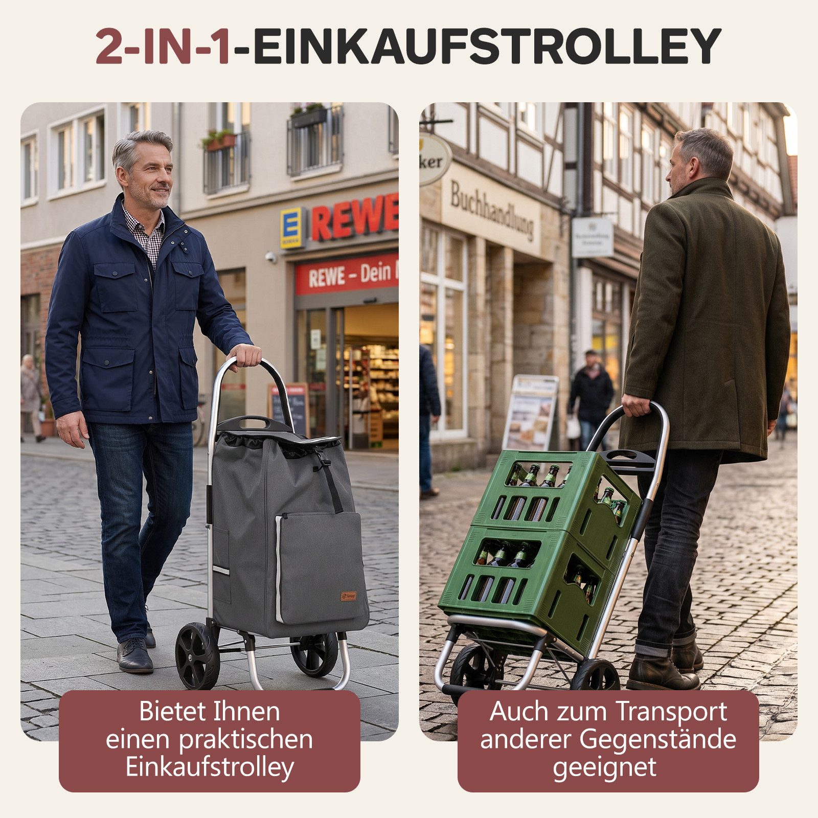 Sekey Einkaufstrolley Aluminium 2-in-1 Faltbar Einkaufstrolley Treppensteiger mit Kühltasche, 50 l Faltbar Einkaufsroller mit großen Rädern und Sackkarren-Funkt – Bild 2 von 5