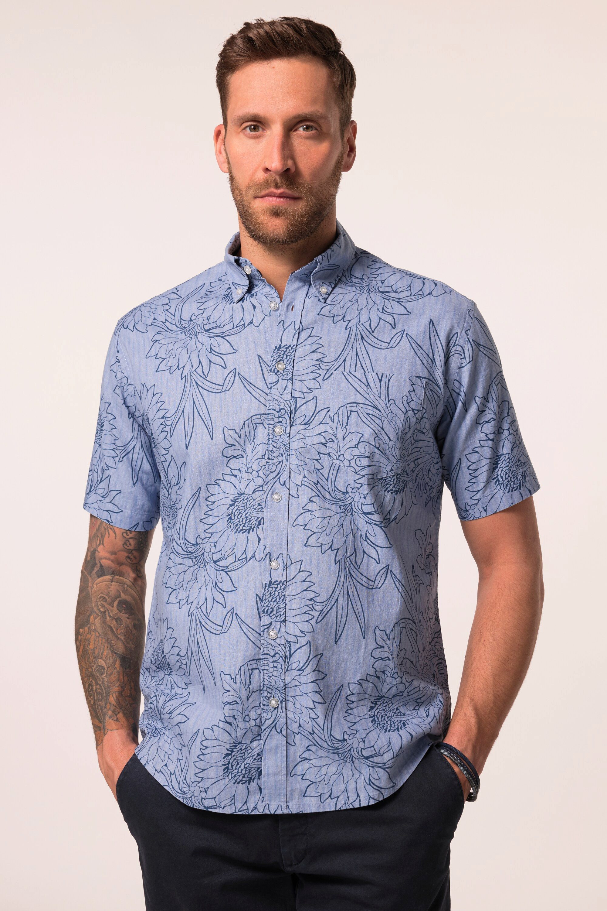 Kurzarmhemd Hemd Halbarm Leinenmix Alloverprint Modern Fit