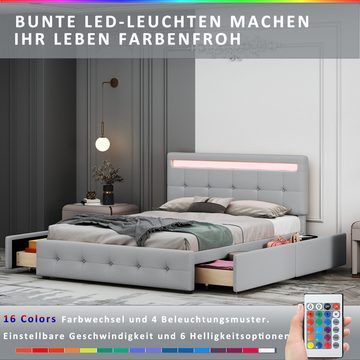 Flieks Polsterbett, LED Beleuchtung Doppelbett 4 Schubladen 140x200cm Leinen