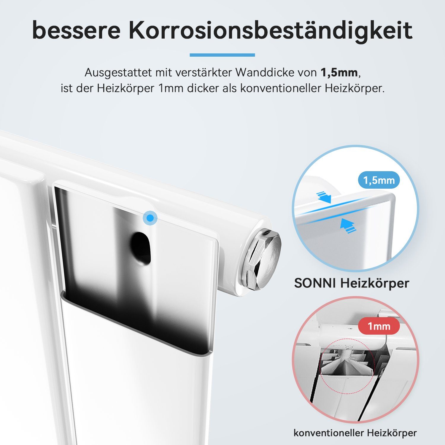 SONNI Designheizkörper Design Heizkörper Flach Weiß Einlagig 630x1004mm Horizontal, 684W, Heizungsbereich 9~13m², Seitenanschluss oder Mittelanschluss – Bild 4 von 5