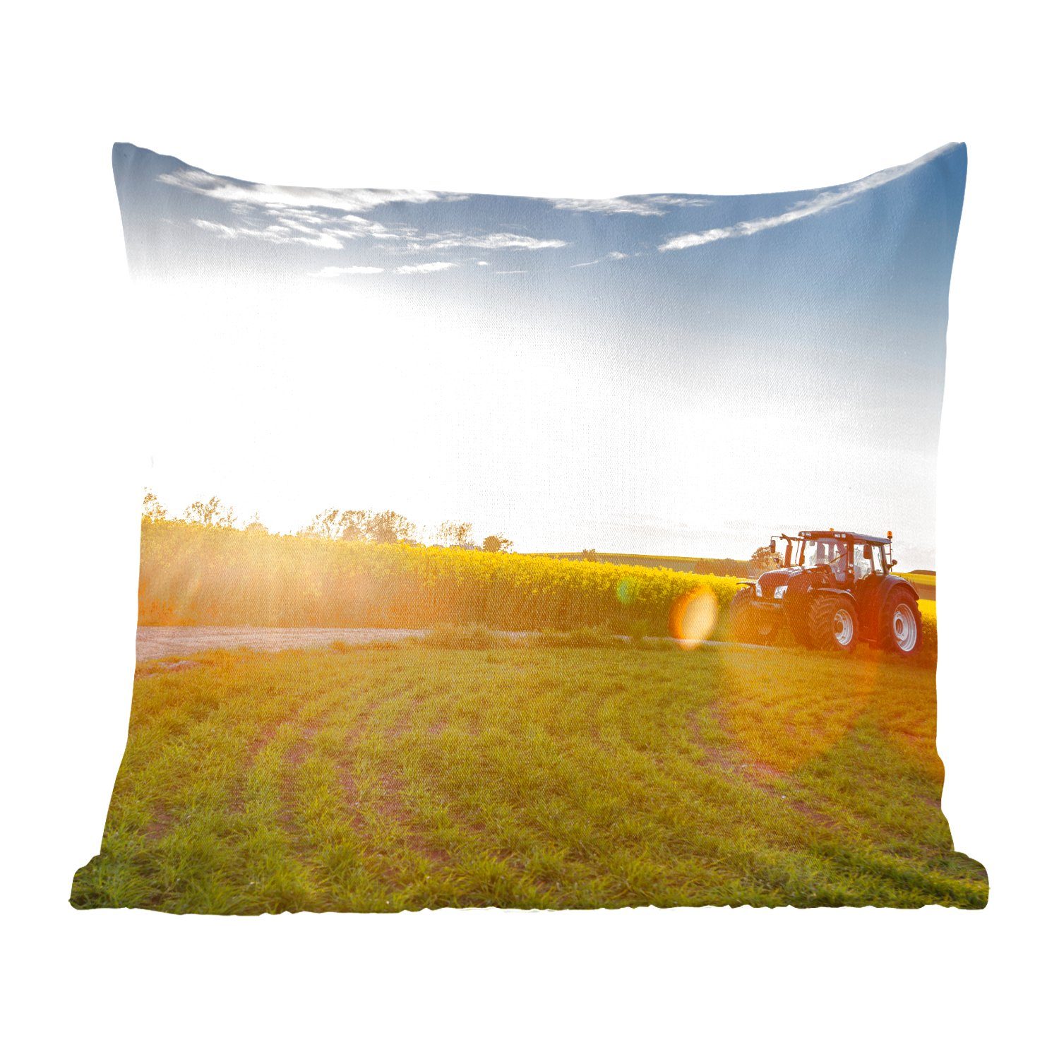 MuchoWow Dekokissen Traktor - Gras - Sonnenuntergang, Zierkissen mit Füllung für Wohzimmer, Schlafzimmer, Deko, Sofakissen