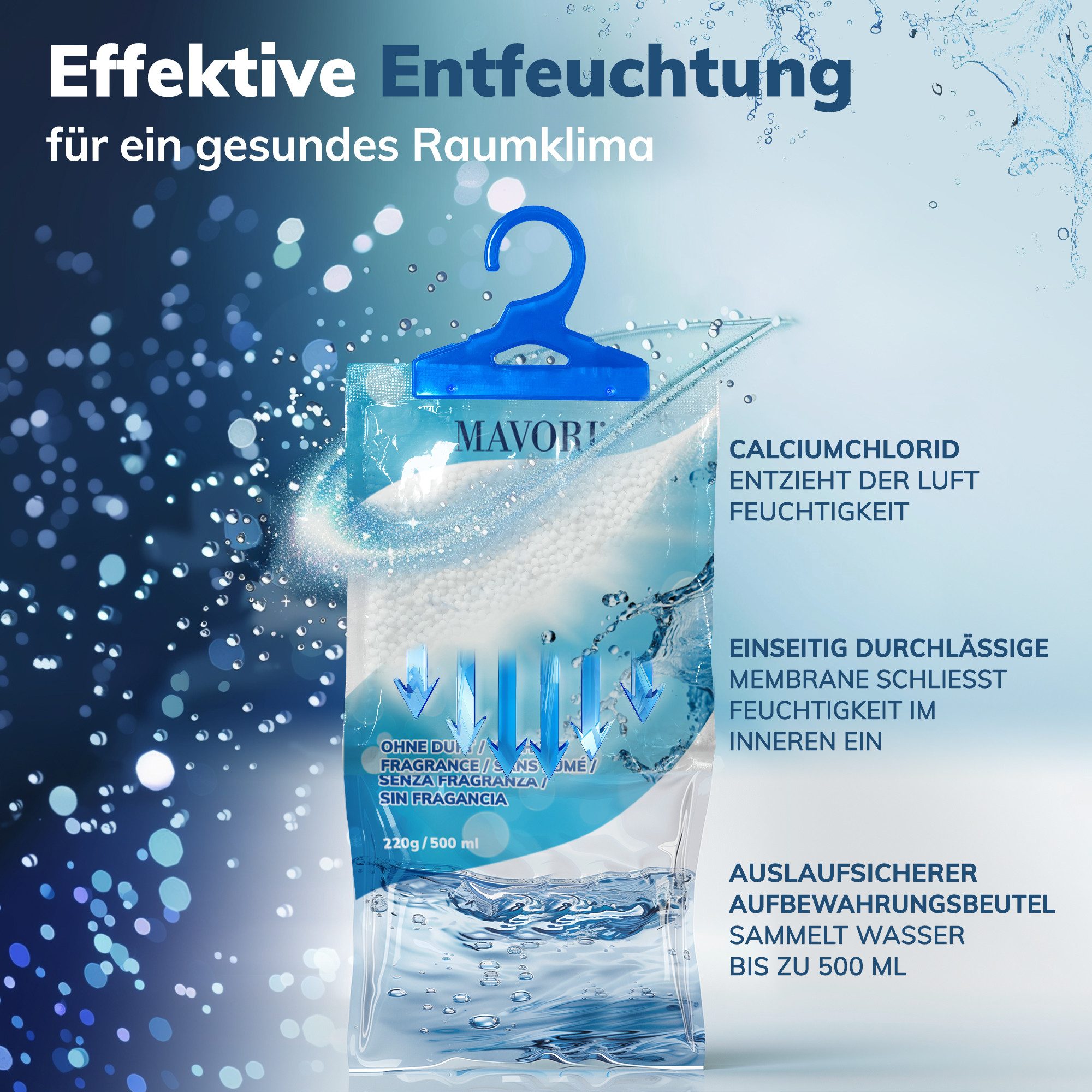 MAVORI Granulat-Luftentfeuchter, Luftentfeuchter für Schränke und Räume, im 5er - 30er Set, XL Luftentfeuchterbeutel zum Aufhängen mit 500 ml Fassungsvermögen