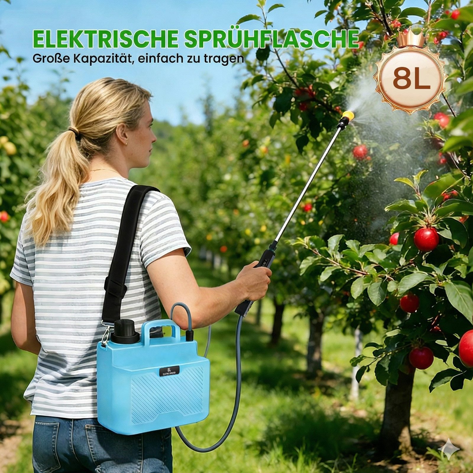 Rosnek Akku-Drucksprühgerät 8L mit Akku, elektrisch & automatisch, 3 Stufen, 4 Düsen, Verstellbarer Schultergurt, für Garten, Rasen & Pflanzenpflege