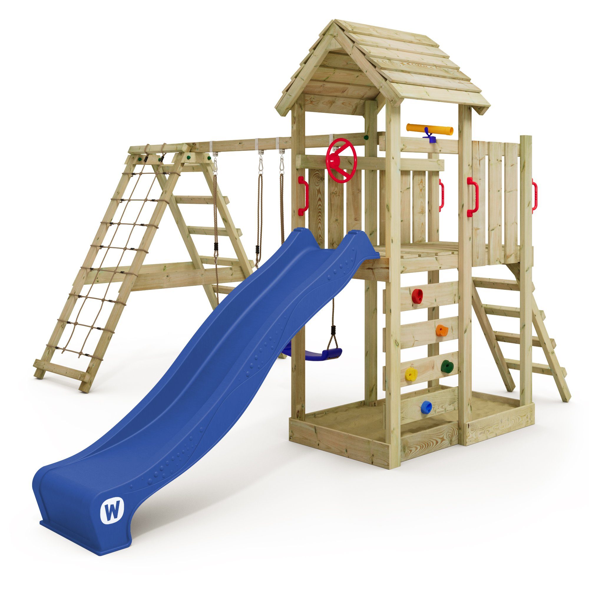 Wickey Spielturm RocketFlyer – Klettergerüst mit Kletteranbau, Rutsche & Doppelschaukel, Abenteuerspielplatz mit 10 Jahren Garantie*