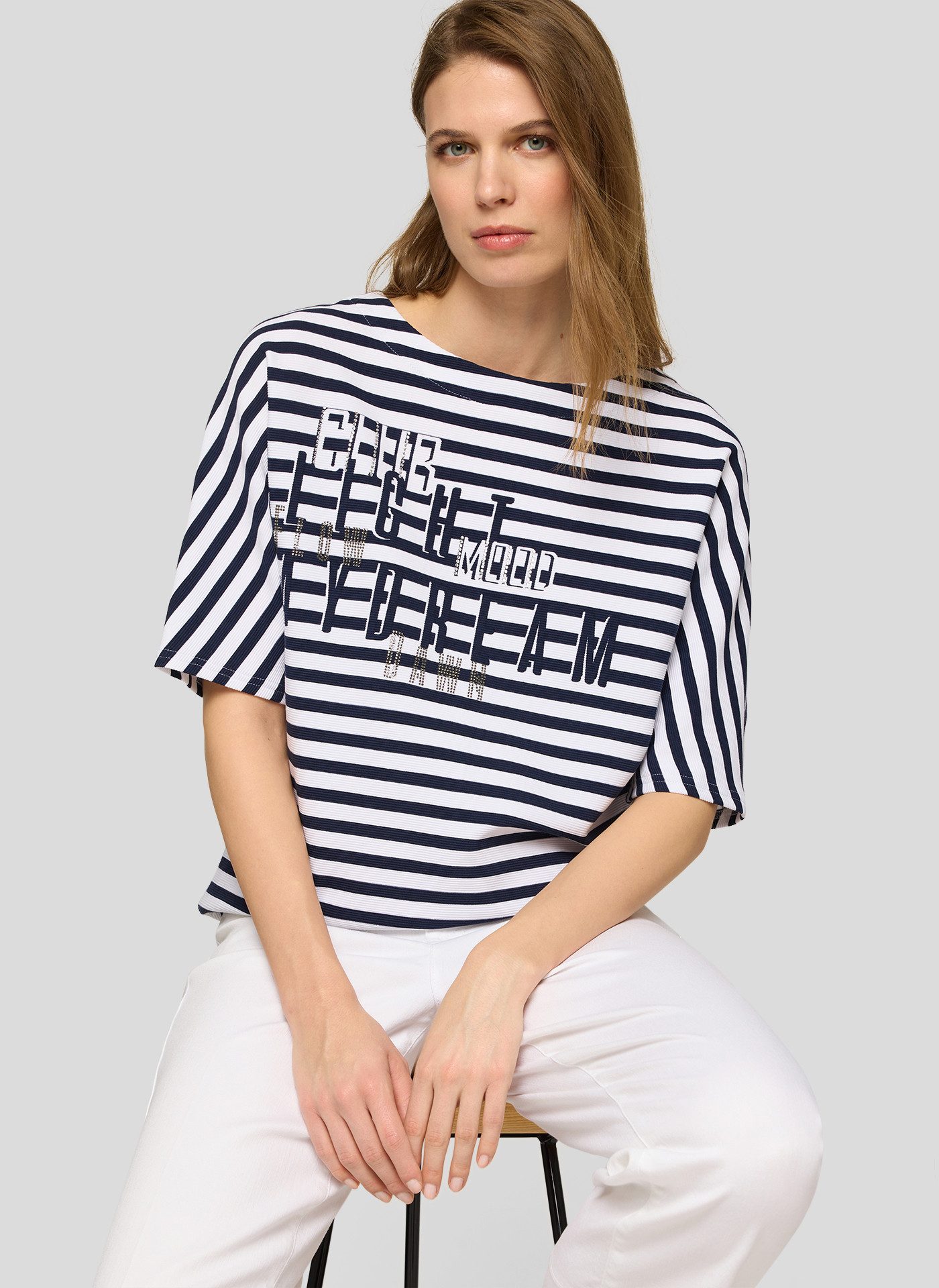 Rabe Rundhalsshirt im Streifen-Look und mit Glitzer-Druck