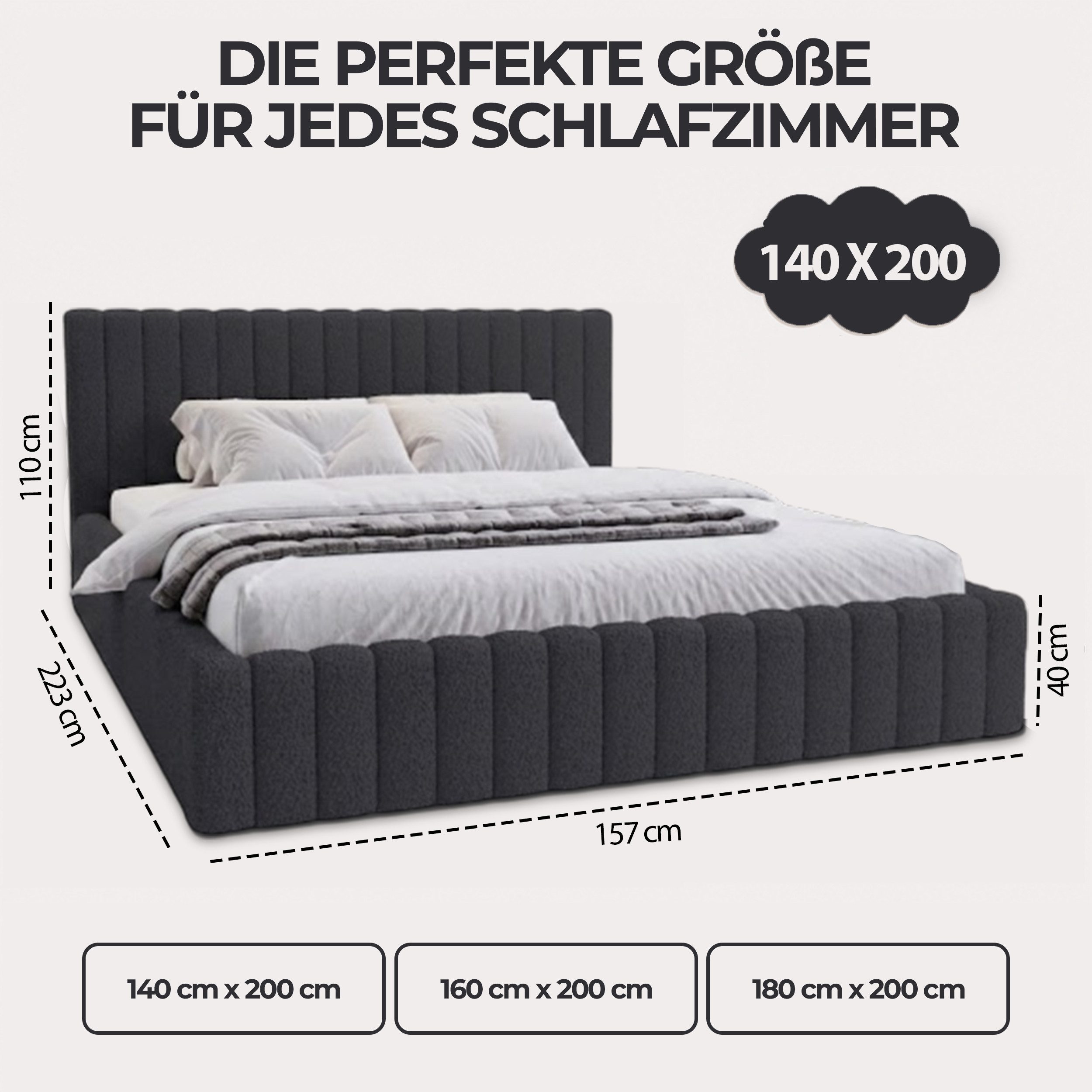 Goldstoff Polsterbett mit Bettkasten und Lattenrost (Boucle-Stoff in "Lammfell", Designerbett, Wolkenbett, Stauraumbett- 140/160/180x200), Erhältlich in 3 Größen und 6 Farben