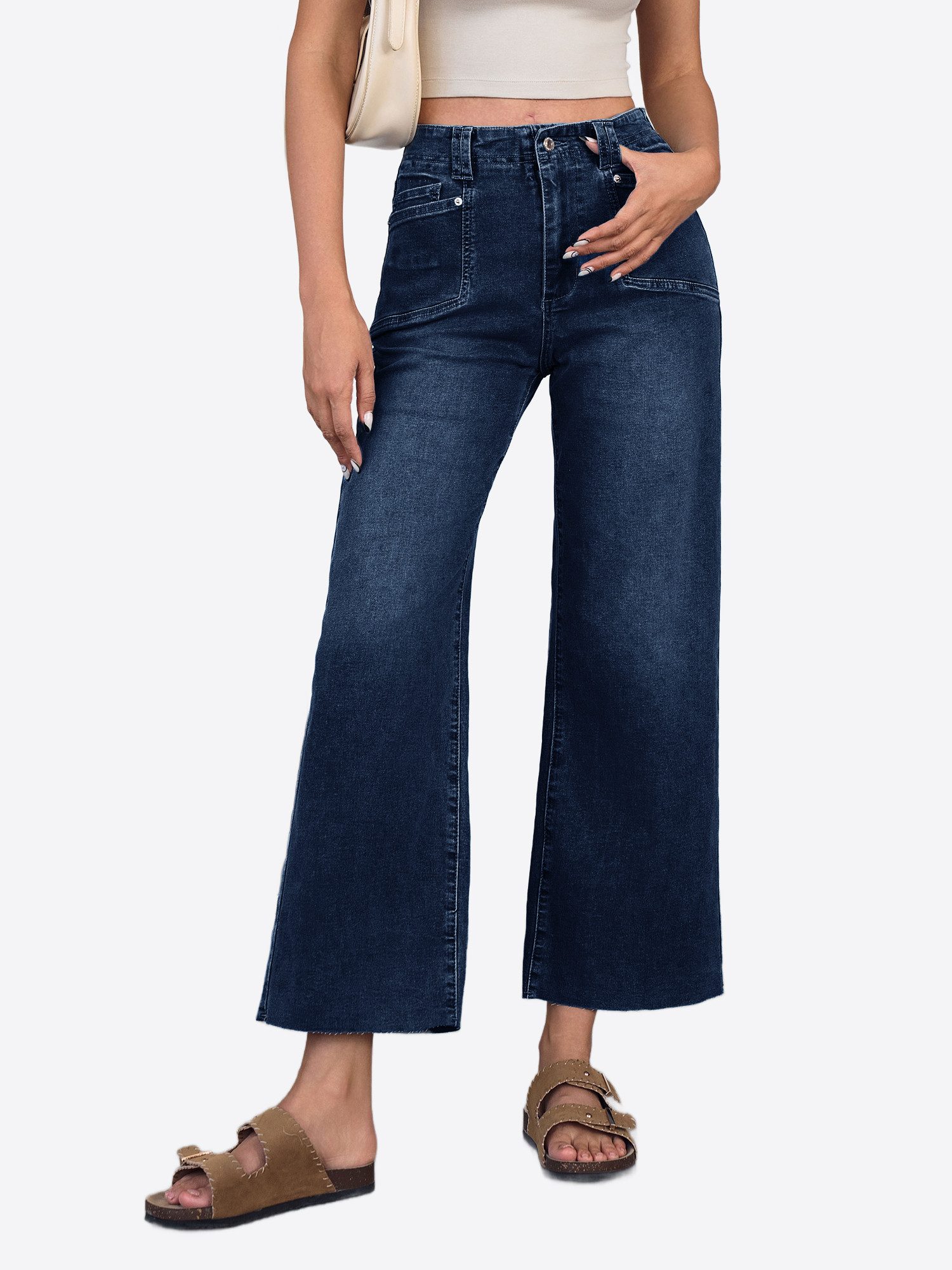 Imily Bela High-waist-Jeans Damen Cropped Dehnbare Baggy Geradem Weitem Bein Denim Baggy (Packung, 1-tlg., 1per-Pack) 4-Pocket Style in Unifarbe