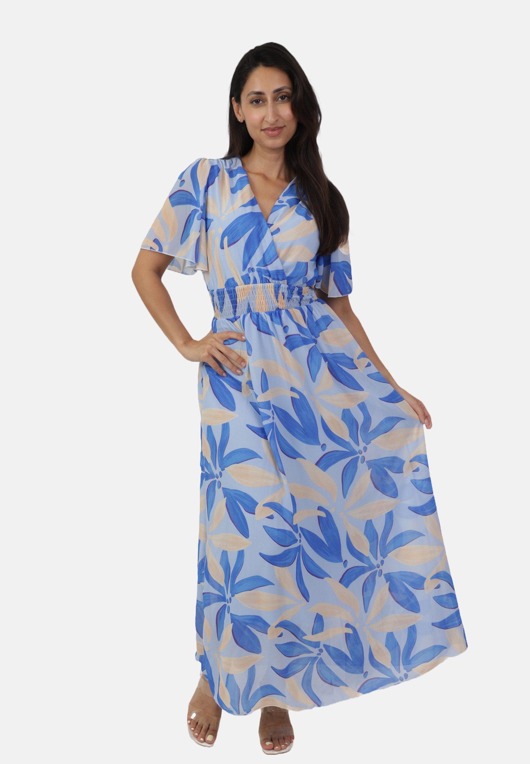 Elara Maxikleid – Damen Sommerkleid mit V-Ausschnitt, Flügelärmeln und Stretchbund