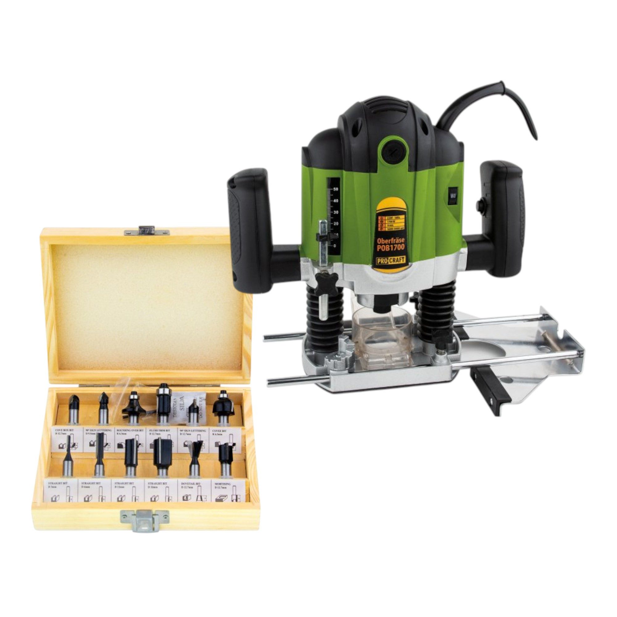 PRO CRAFT Oberfräse Procraft POB1700 Oberfräse 1200 Watt 6 - 8 mm + Zubehör