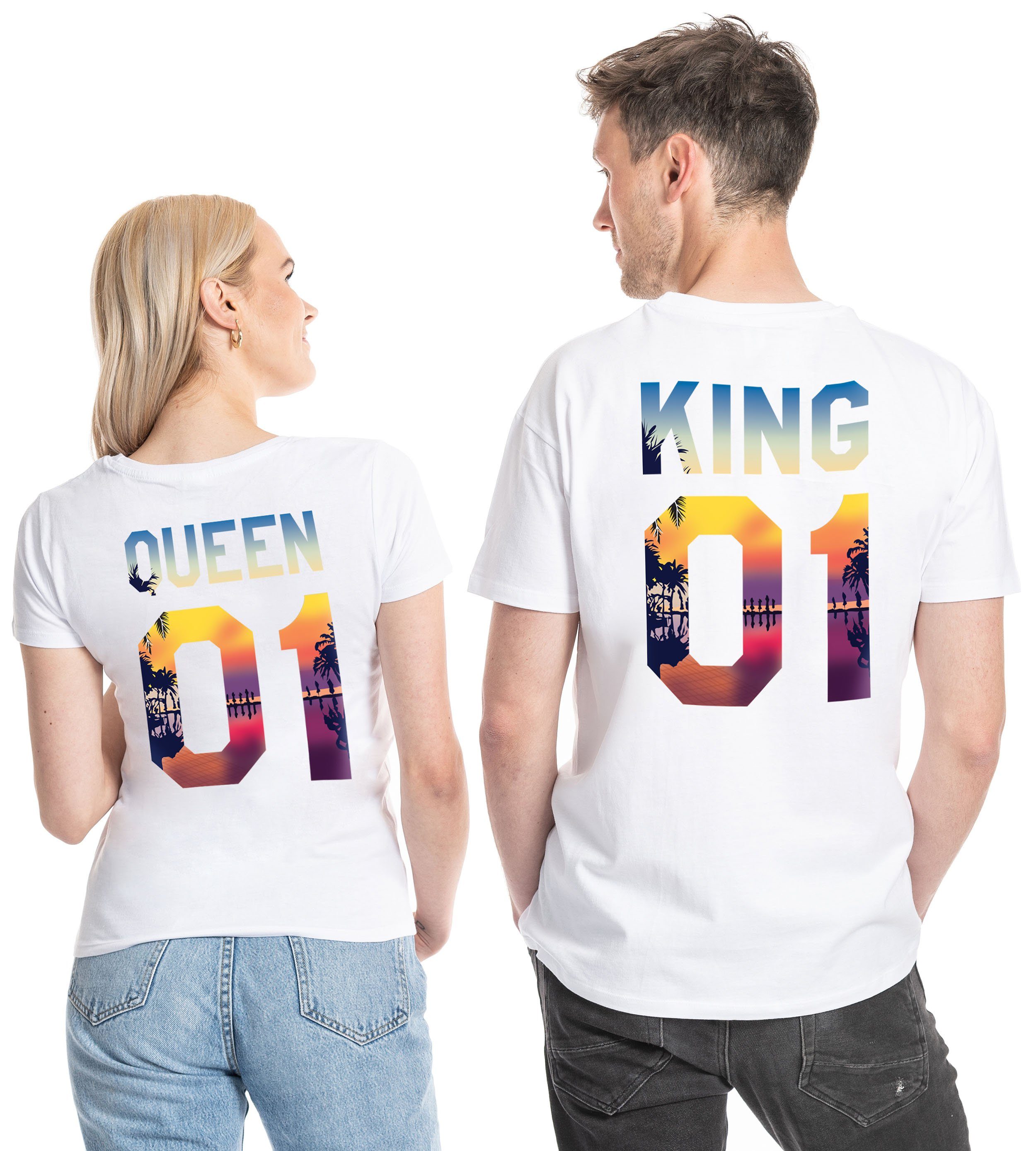 Couples Shop T-Shirt KING & QUEEN T-Shirt für Paare mit modischem Print KING / Weiß