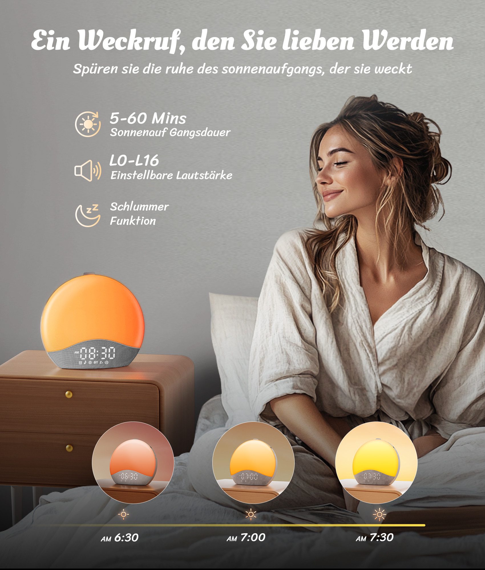 eCozy Tageslichtwecker Lichtwecker, Sonnenaufgang, Bluetooth-Sync, 26 beruhigende Klänge Weißes Rauschen, 17 Lichtfarben, 20 Helligkeitsstufen, RGB