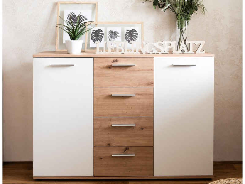 möbelando Sideboard Jacklin, Modernes Sideboard aus Spanplatte in Artisan Eiche Nachbildung /Weiß mit 4 Schubkästen und 2 Türen dahinter je 1 Boden. Breite 120 cm, Höhe 85 cm, Tiefe 35 cm