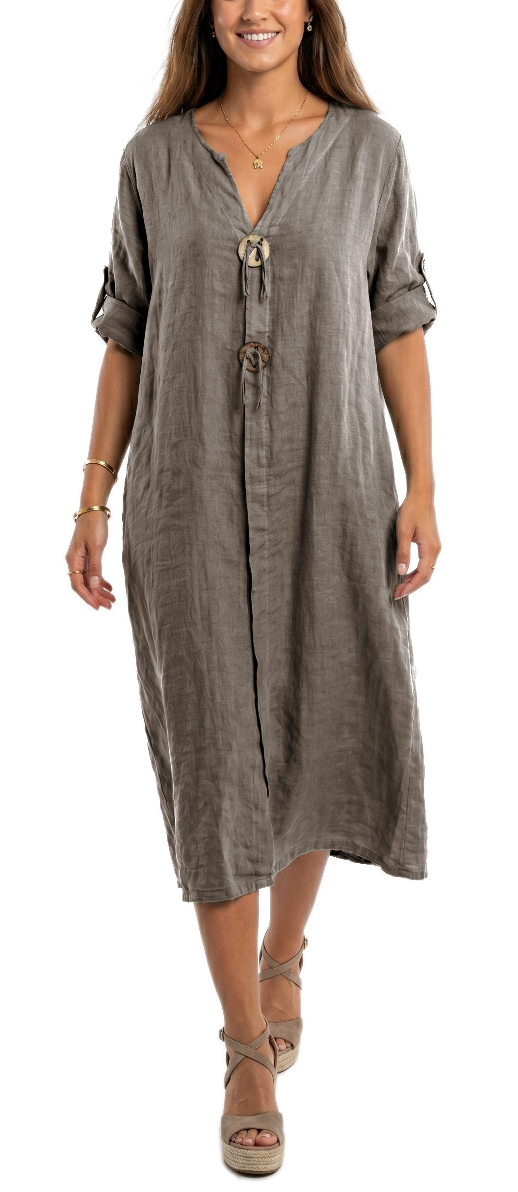 dy_mode Hemdblusenkleid Damen Leinenkleid Midi Hemdblusenkleid mit V-Ausschnitt Freizeitkleid in Unifarbe, V-Ausschnitt, mit seitlichen Eingriffstaschen