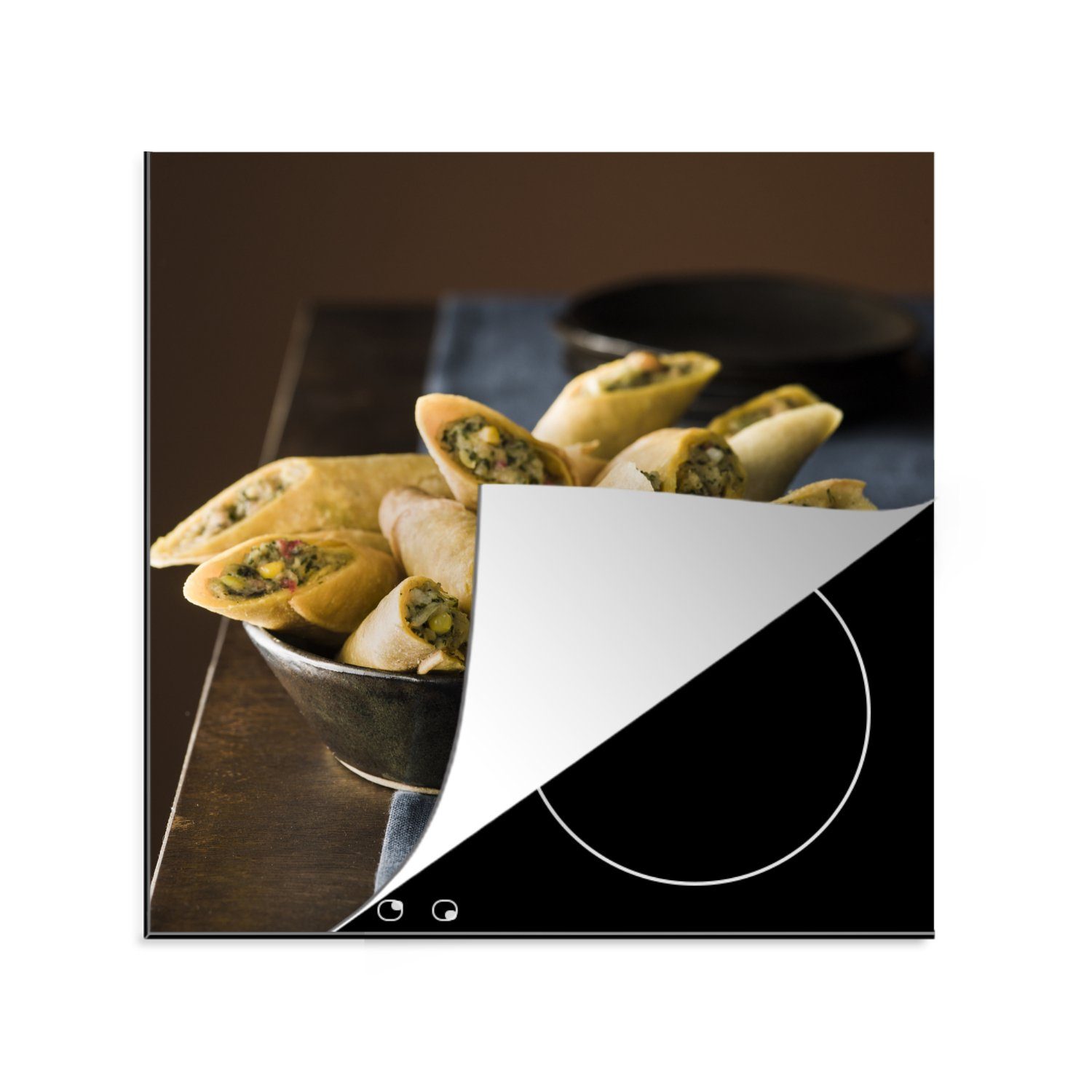 MuchoWow Herdblende-/Abdeckplatte Viele Burritos in einer Schüssel, serviert als Tapas, Vinyl, (1 tlg), 78x78 cm, Ceranfeldabdeckung, Arbeitsplatte für küche | Herdabdeckplatten