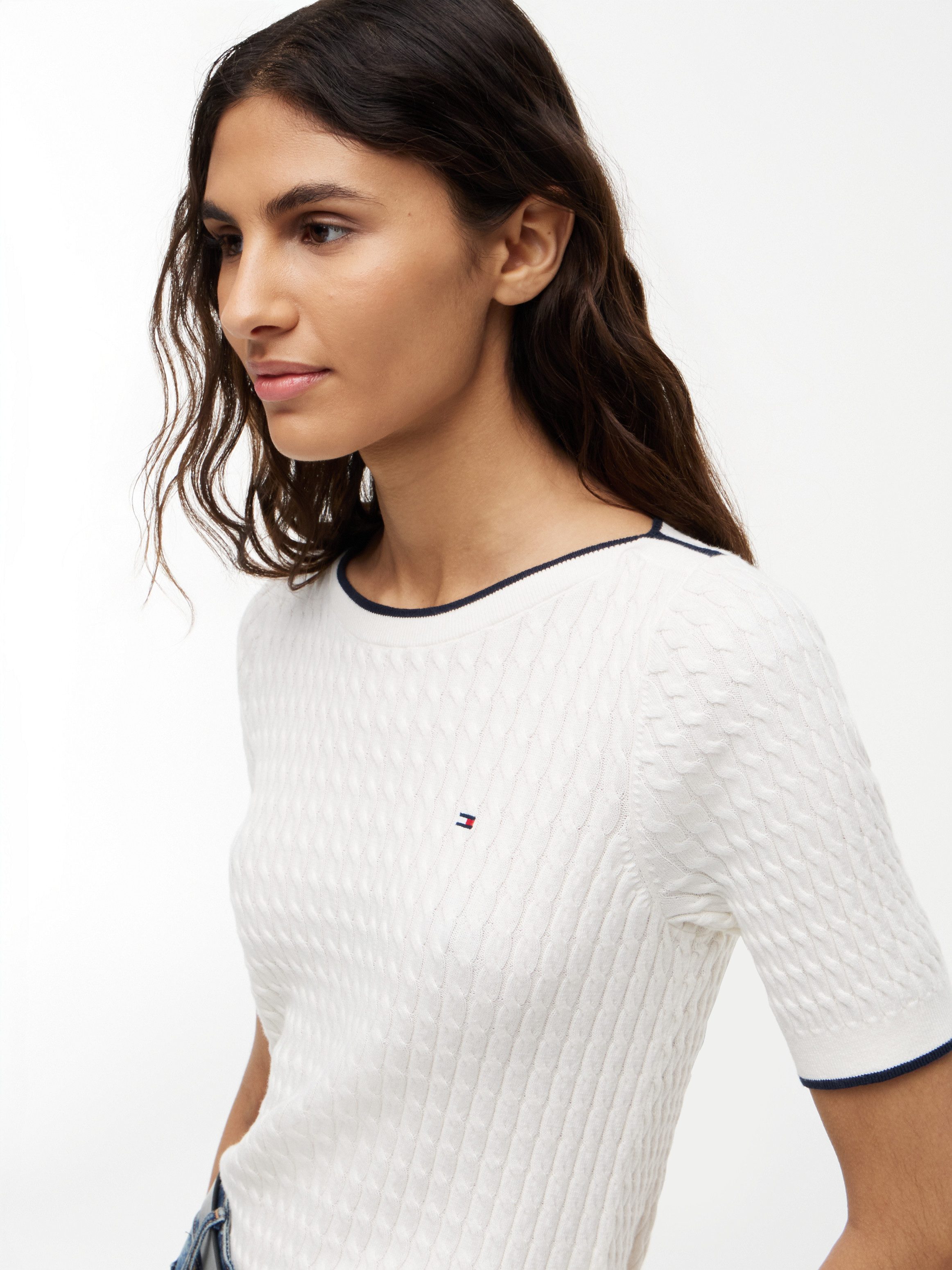 Tommy Hilfiger Kurzarmpullover FINE GG CABLE BOAT NK S/S Baumwolle, mit Zopfstrickmuster