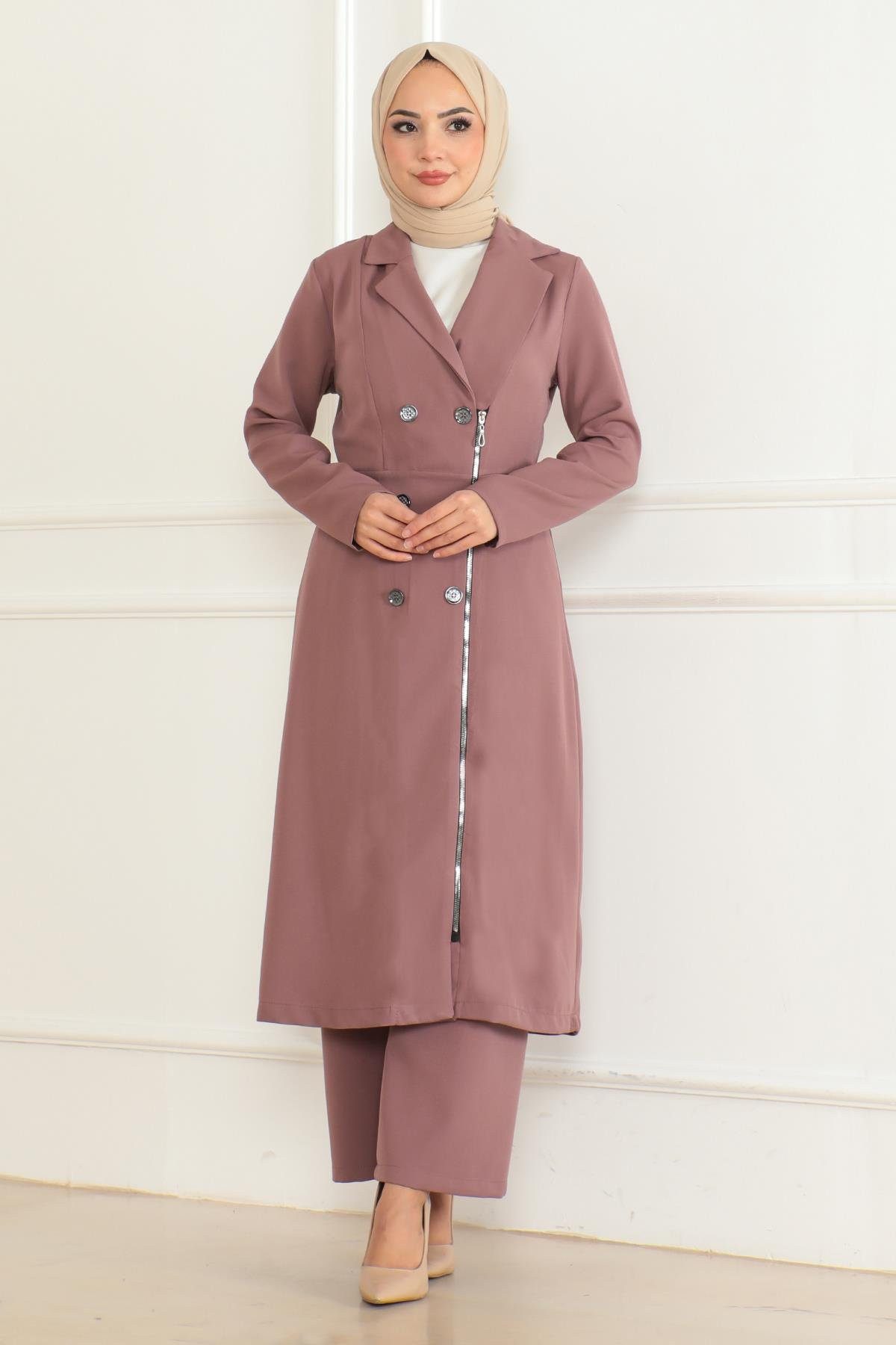 MODAMİHRAM Tunika Knopf Detail Reißverschluss-Set in Rosé Pink MSW19219-3