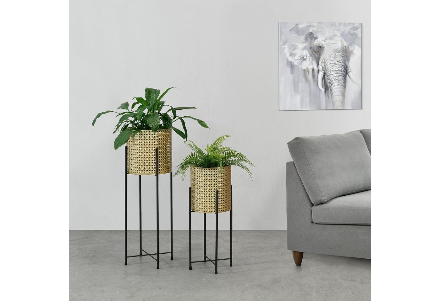 Thumbnail - en.casa Blumenständer (Set, 2er), »Mol« Blumenkübel Pflanzenständer Pflanztopf Metall gold/schwarz