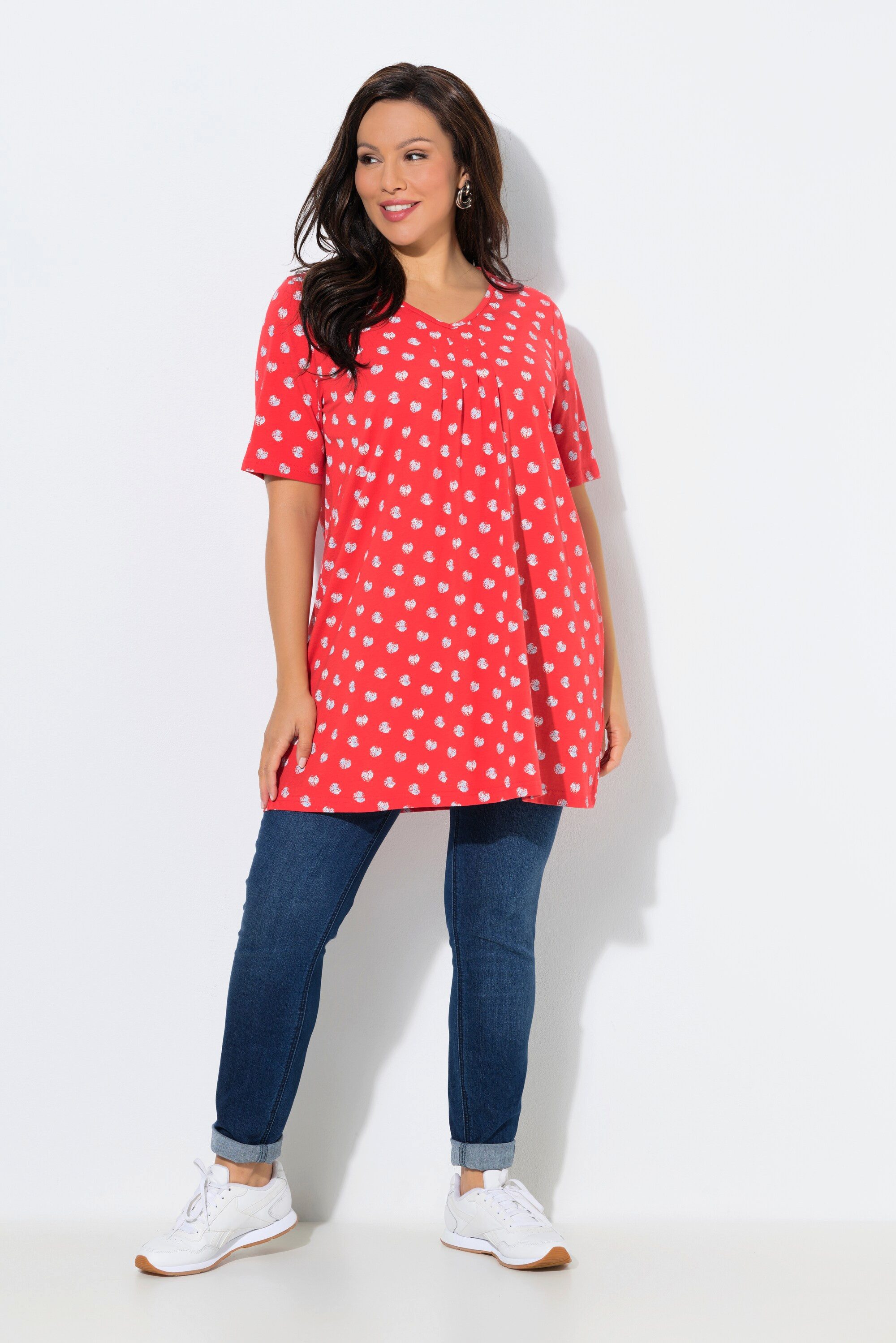 Ulla Popken T-Shirt T-Shirt Zierfalten A-Linie V-Ausschnitt Halbarm