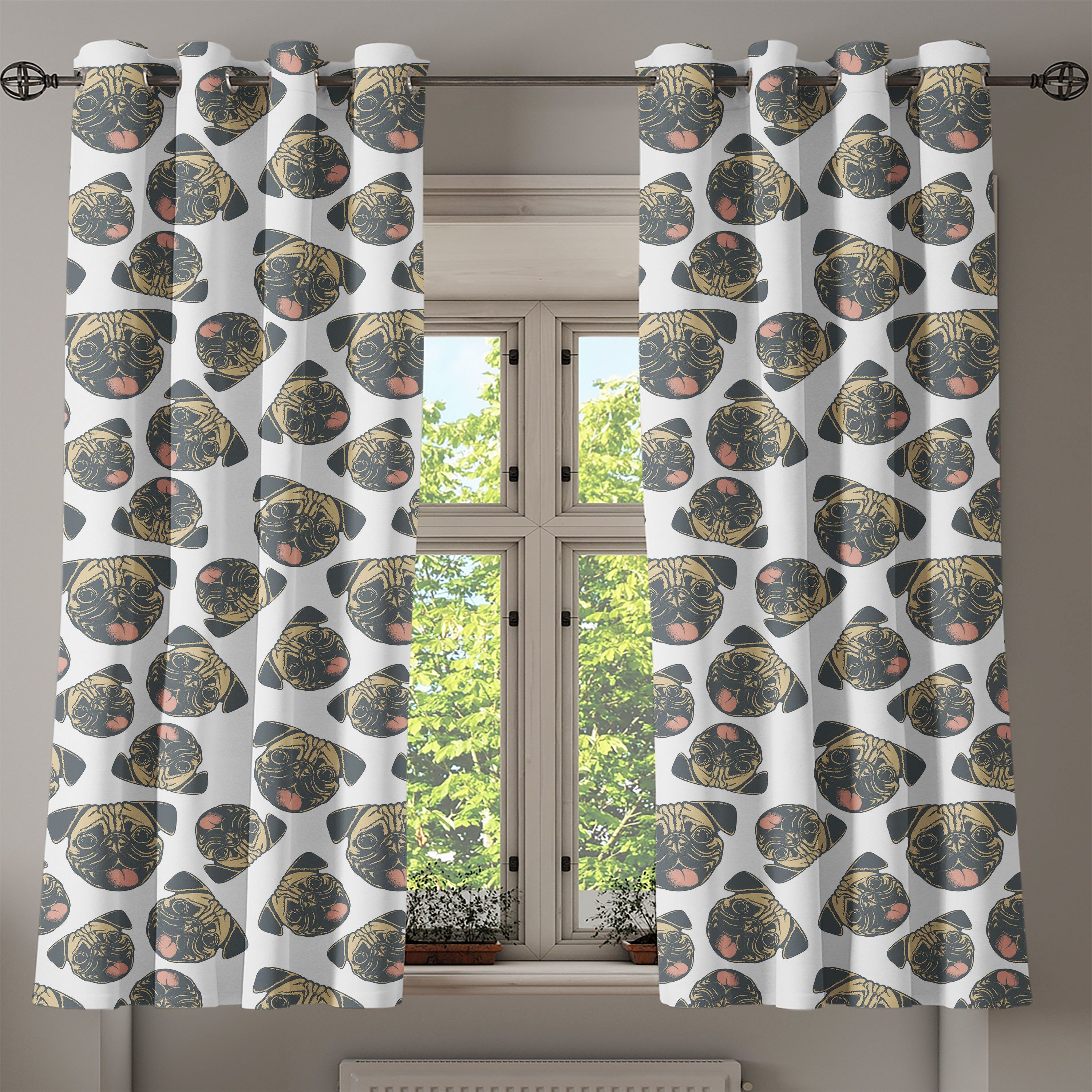 Schlafzimmer Heiter für Abakuhaus, Mops Dekorative Wohnzimmer, Hunde Grunge-Effekt 2-Panel-Fenstervorhänge Gardine