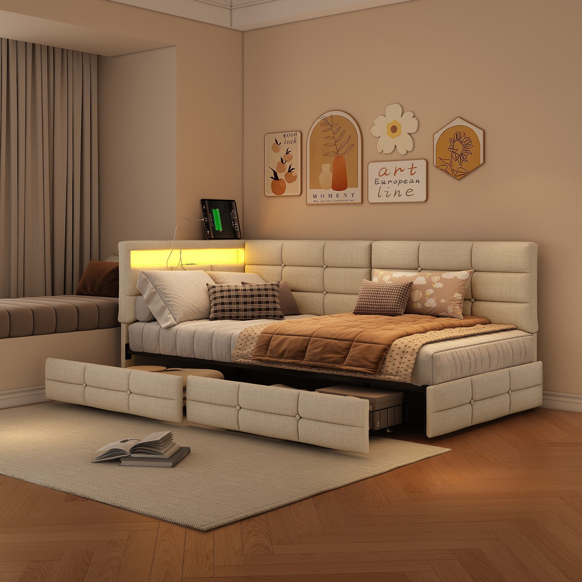 Gdood Polsterbett Daybett Jugendbett Tagesbett (1-tlg., 2 Schubladen, Geeignet für Jungen und Mädchen), Mit LED-Beleuchtung, Ladefunktion, Leinen, 90x200 cm