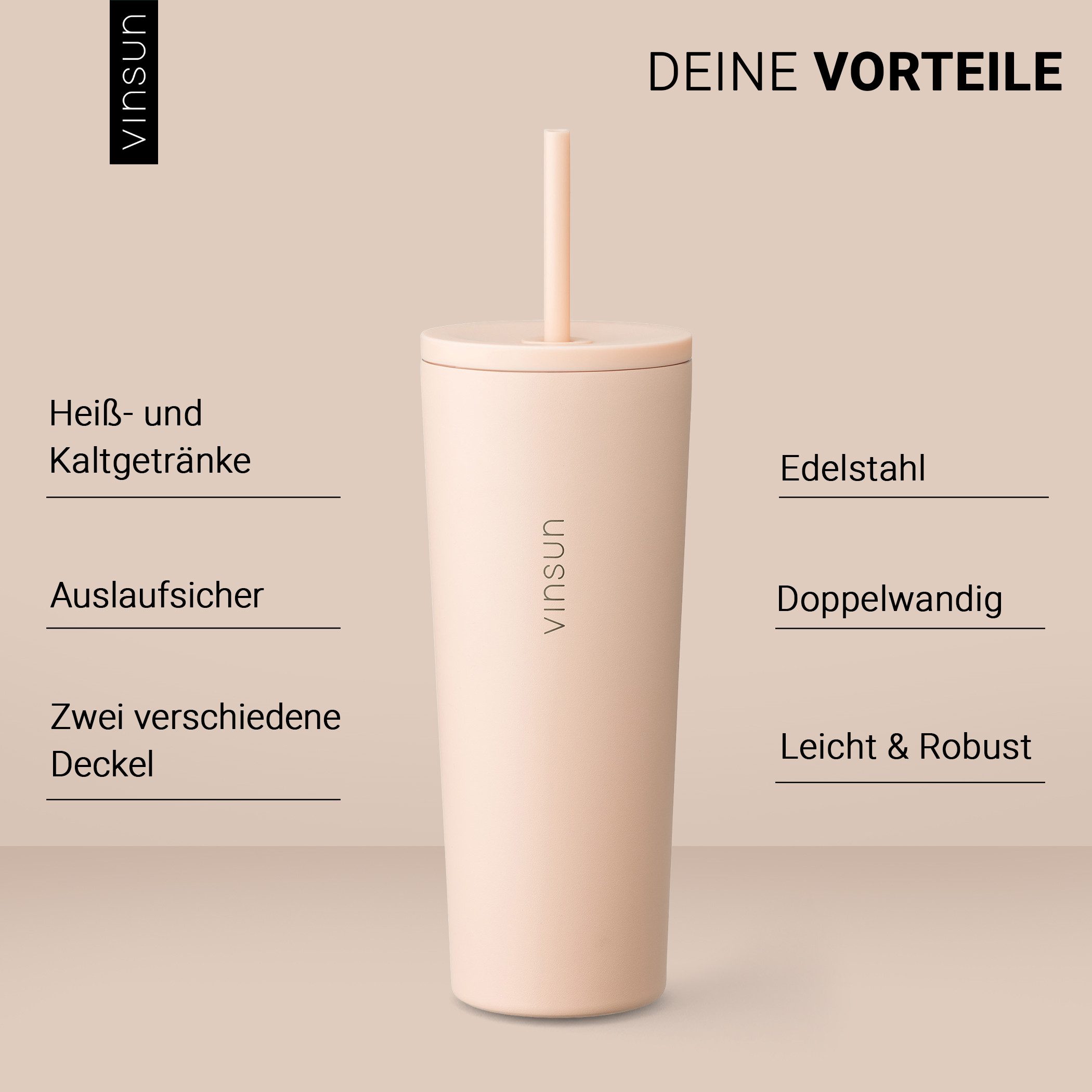 Vinsun Thermobecher Edelstahl Becher mit Strohhalm 720ml - Isolierbecher auslaufsicher, 4-tlg., Edelstahl, Doppelwandig isoliert, BPA frei, bruchfest, Kalt- und Heißgetränke