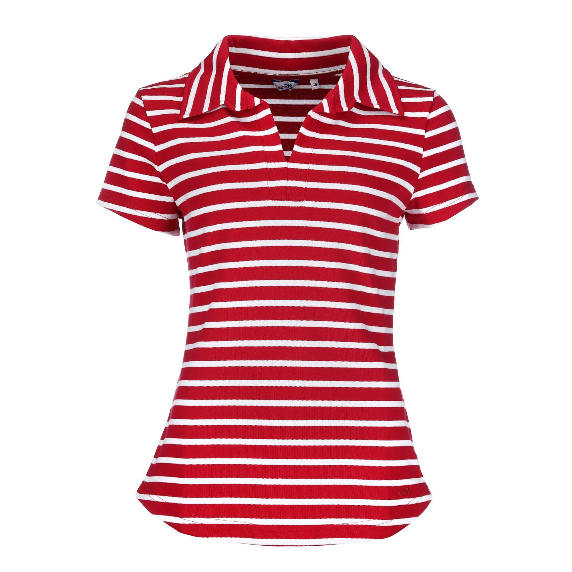 modAS T-Shirt Damen Kurzarm-Shirt gestreift mit Polokragen - Sommershirt Streifen (02) rot / weiß