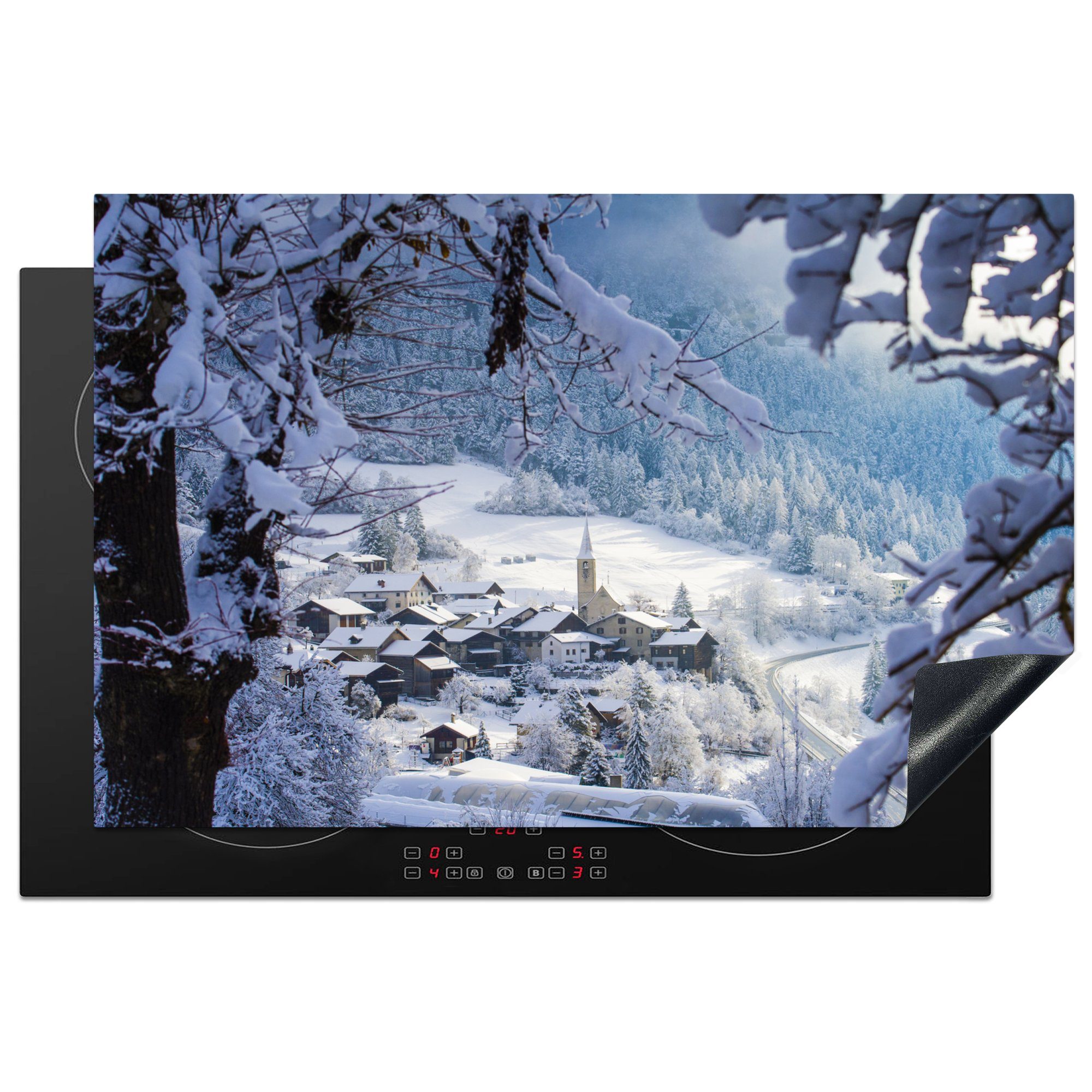 MuchoWow Herdblende-/Abdeckplatte Alpen - Schnee - Dorf, Vinyl, (1 tlg), 81x52 cm, Induktionskochfeld Schutz für die küche, Ceranfeldabdeckung