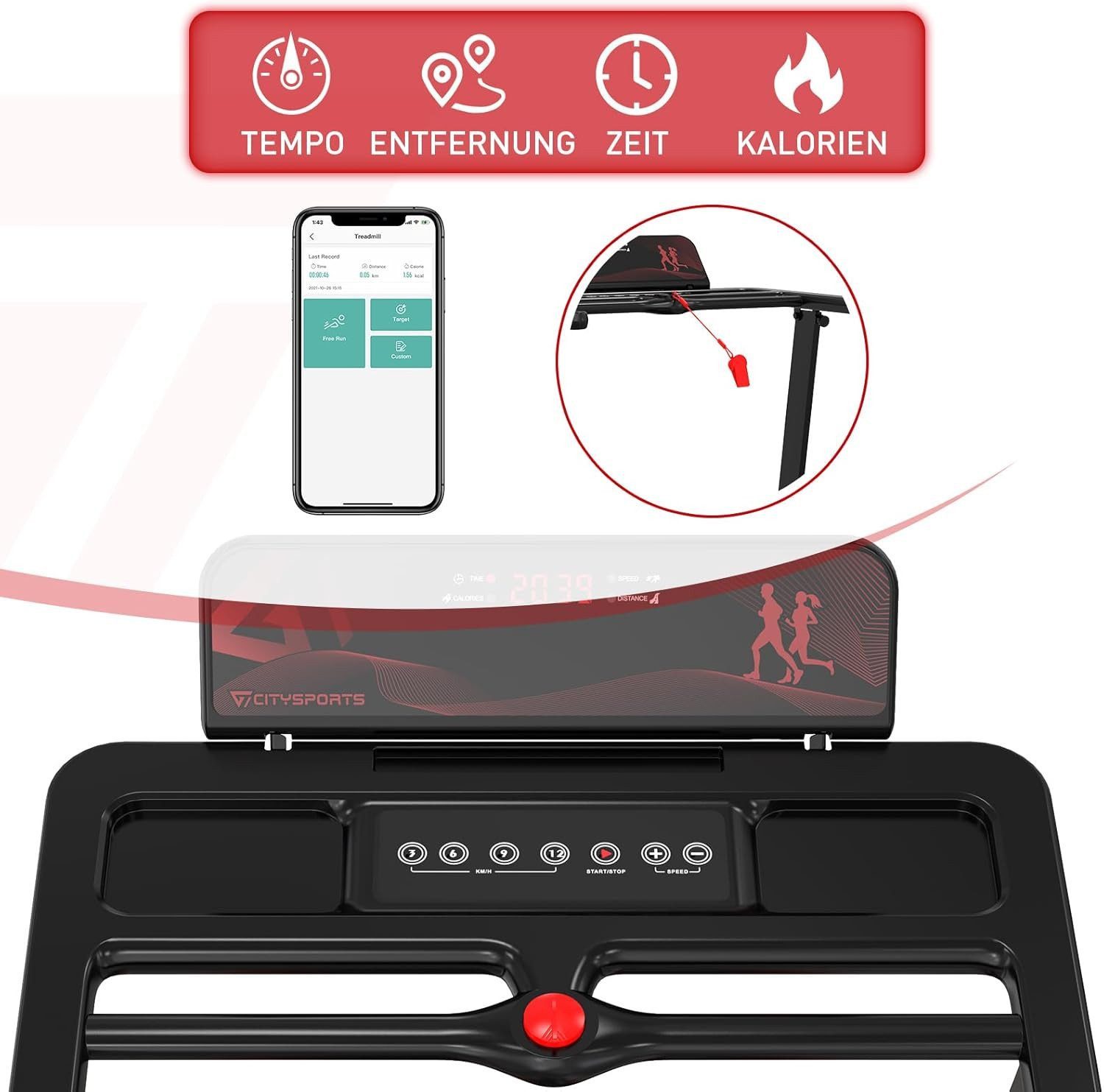 CITYSPORTS Laufband Heim-Laufband mit Steigung (Mit Toolkit, Schmiermittel), Klappbares Laufband bis 12 km/h mit APP walking jogging pad