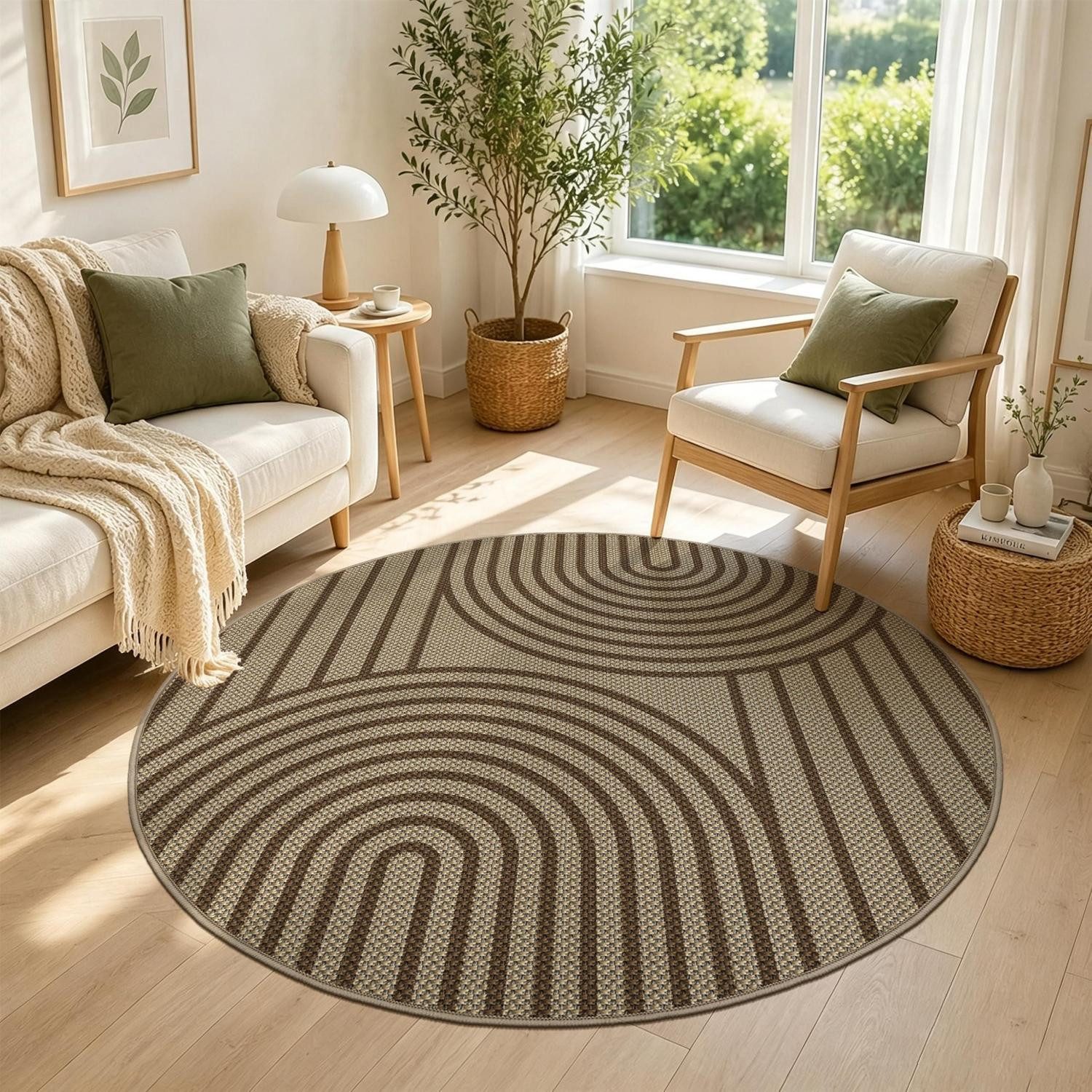 LuxusKollektion Outdoorteppich Teppich Rund Jute Optik Braun 120cm, rund, Höhe: 5 mm