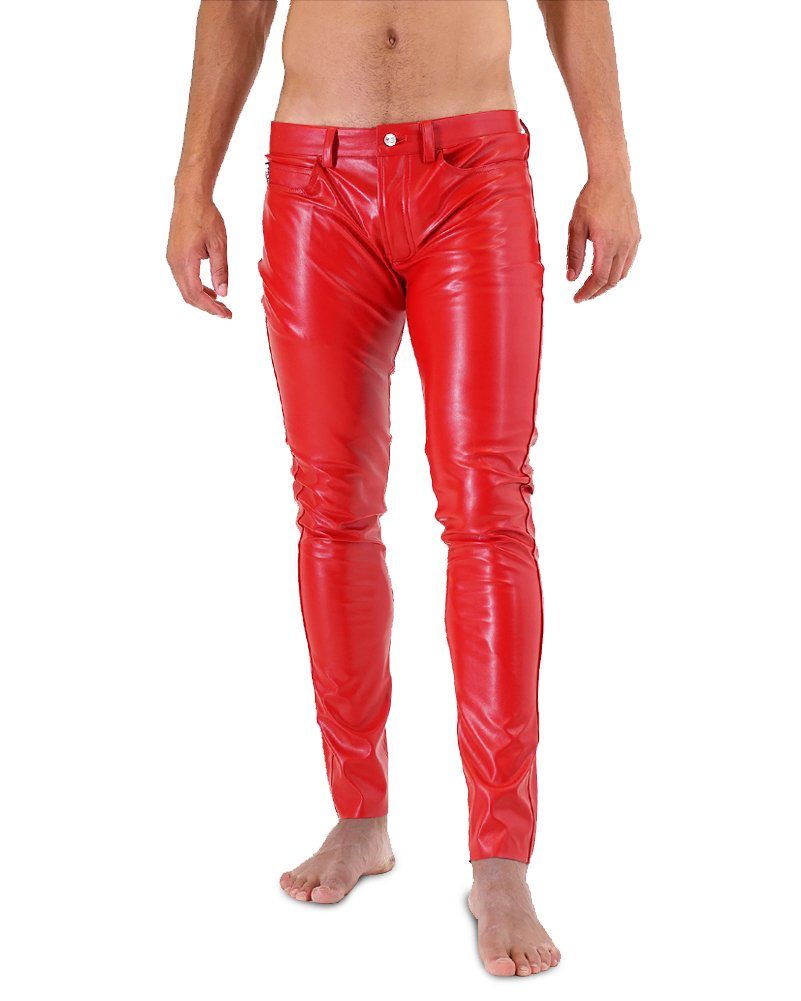 Faux Jock-Star PUSH-STRAP mit Pants rote Kunstlederhose BOCKLE Bockle® Gay Lederhose