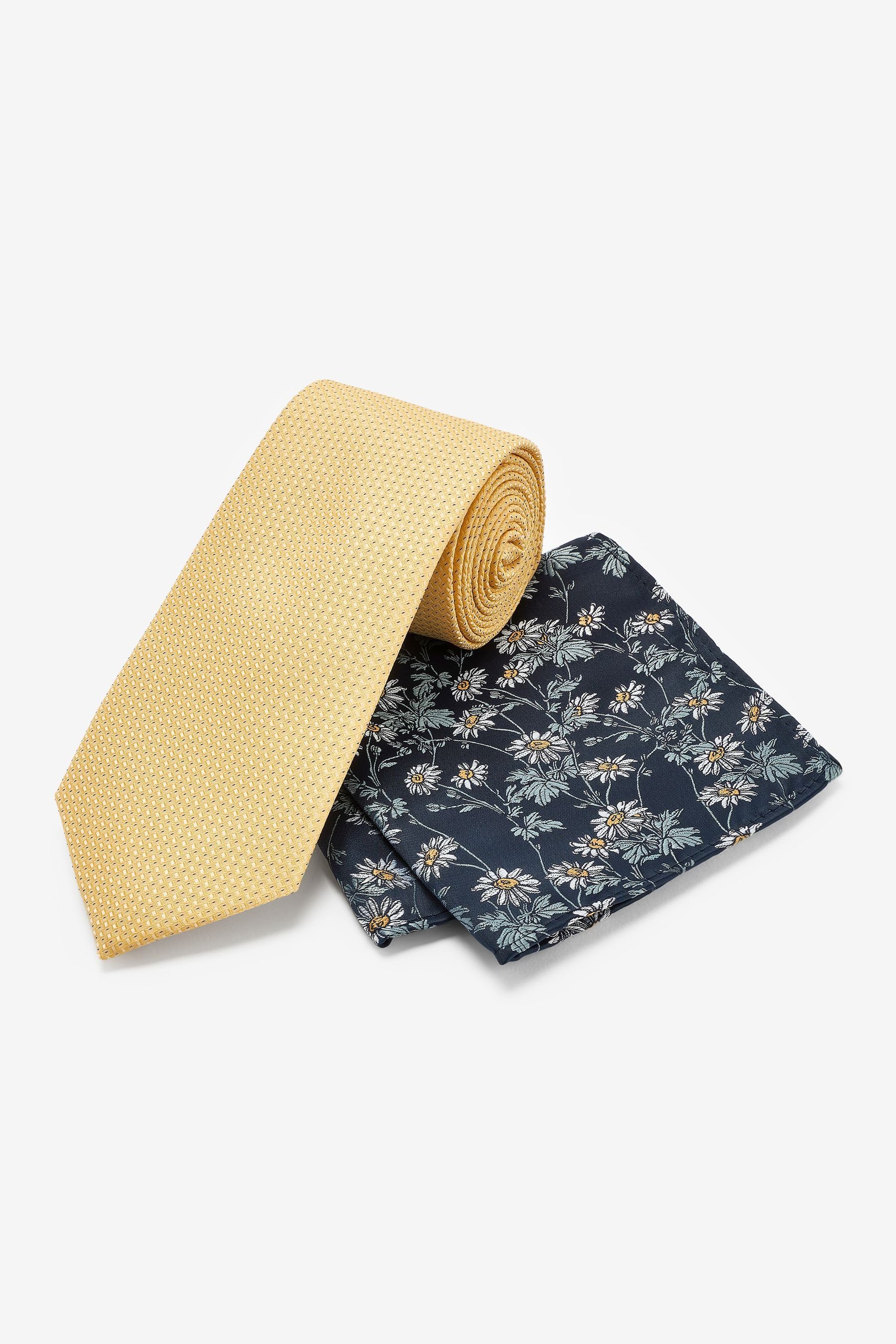 Next Krawatte Set aus Krawatte und Einstecktuch (2-St) Yellow/Blue Navy Floral