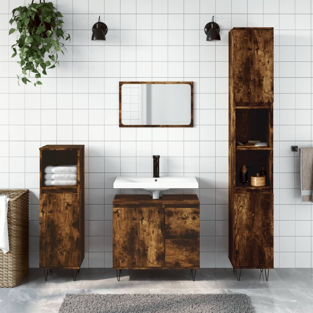Badkommode Badezimmerschrank 30x30x190 cm Räuchereiche mit Eisenfüßen