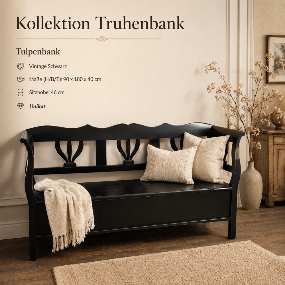 Wohnpalast Truhenbank Truhenbank Tulpe aus Weichholz lackiert 180 cm schwarz