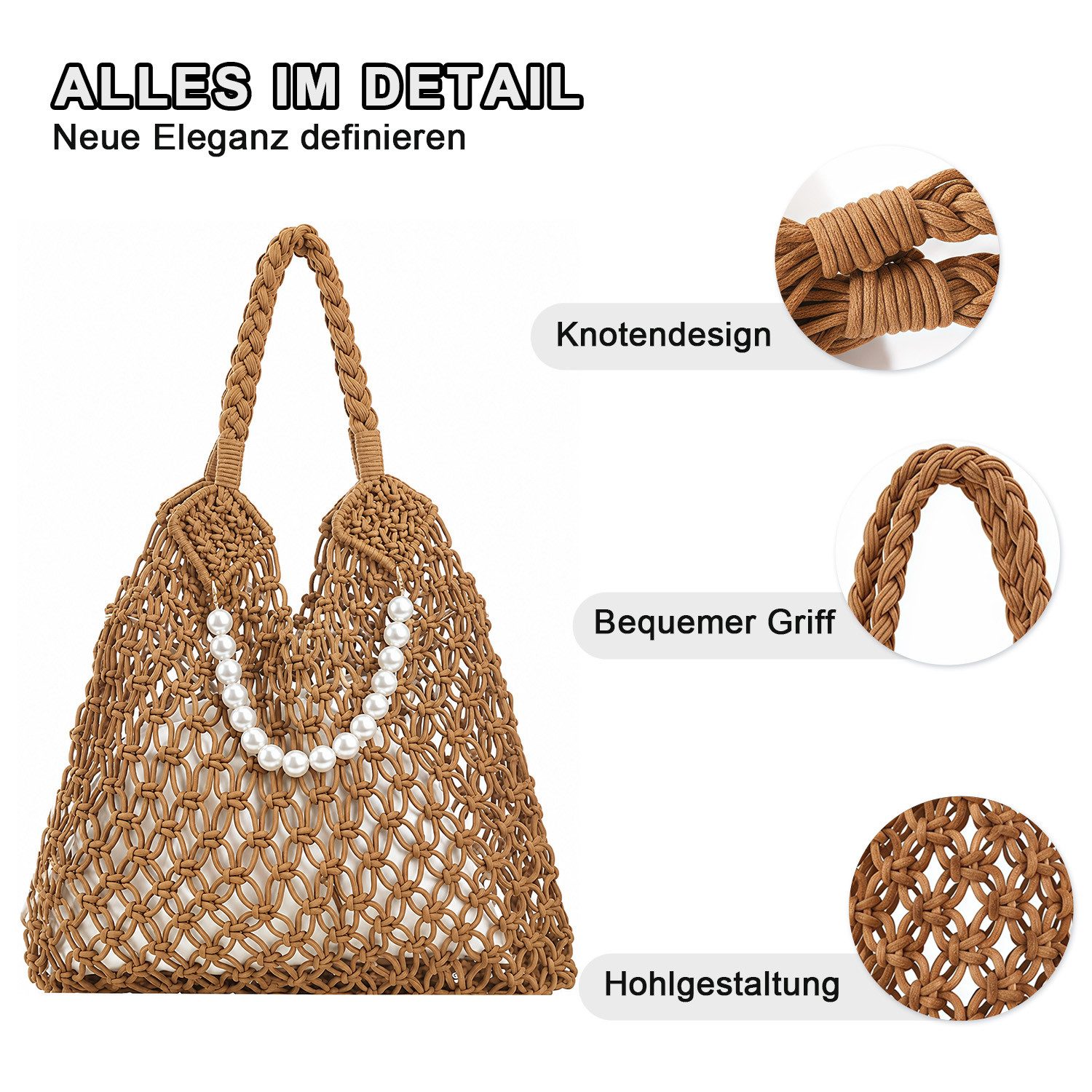 MOPUEA Strandtasche Damen Boho Strandtasche Aus Baumwollseil Gehäkelte Tragetasche (Casual Groß Häkeltasche für Urlaub Stadt Reisen, 1-tlg., Große Tragetasche Ausgehöhlte Einkaufstasche)