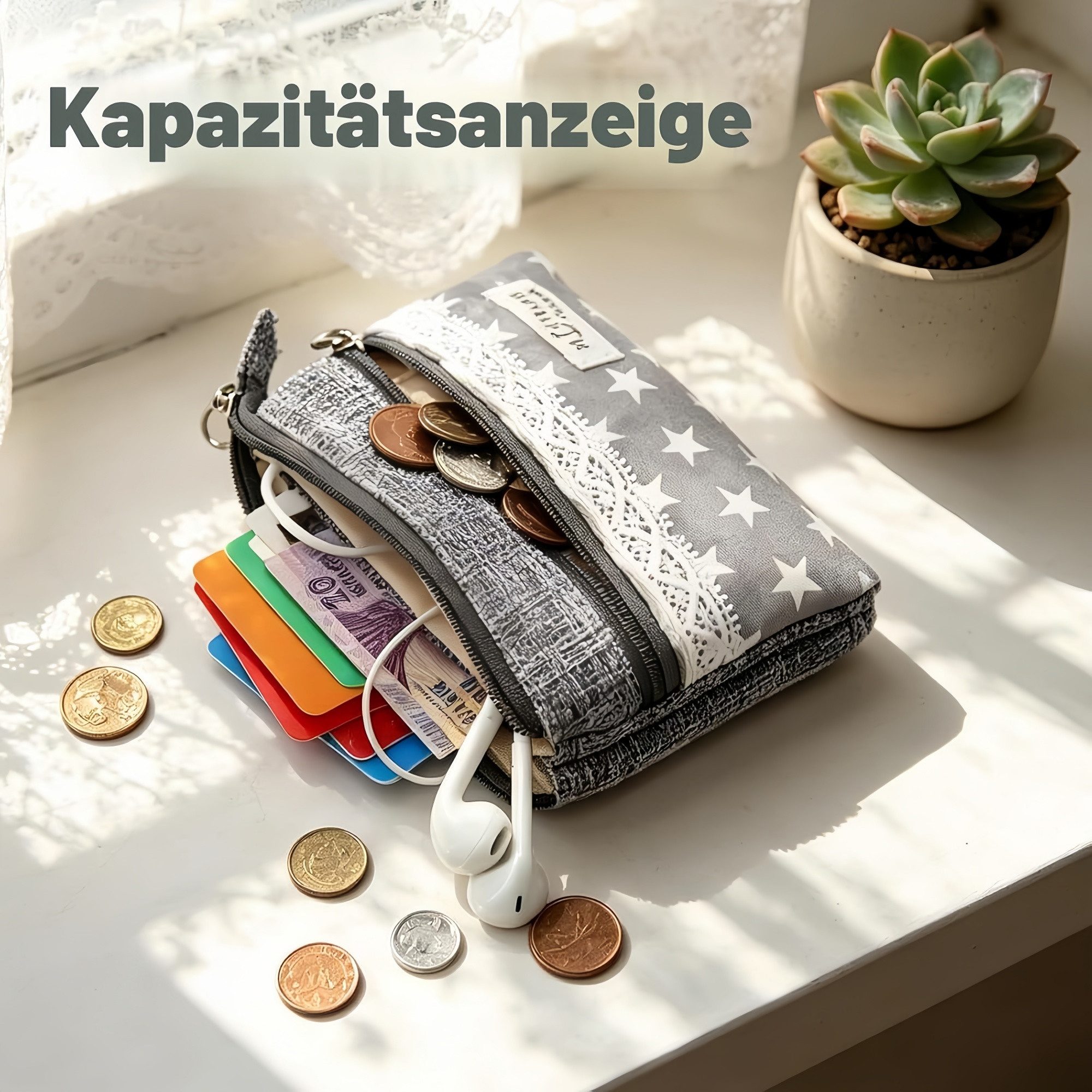 FOUORTUNATE-BEE Geldbörse Mini-Geldbörse Damen, 2 Fächer mit Reißverschluss, Boho-Stil, Mini-Portemonnaie in Hellgrau für Münzen, Bargeld und Karten – Bild 5 von 5