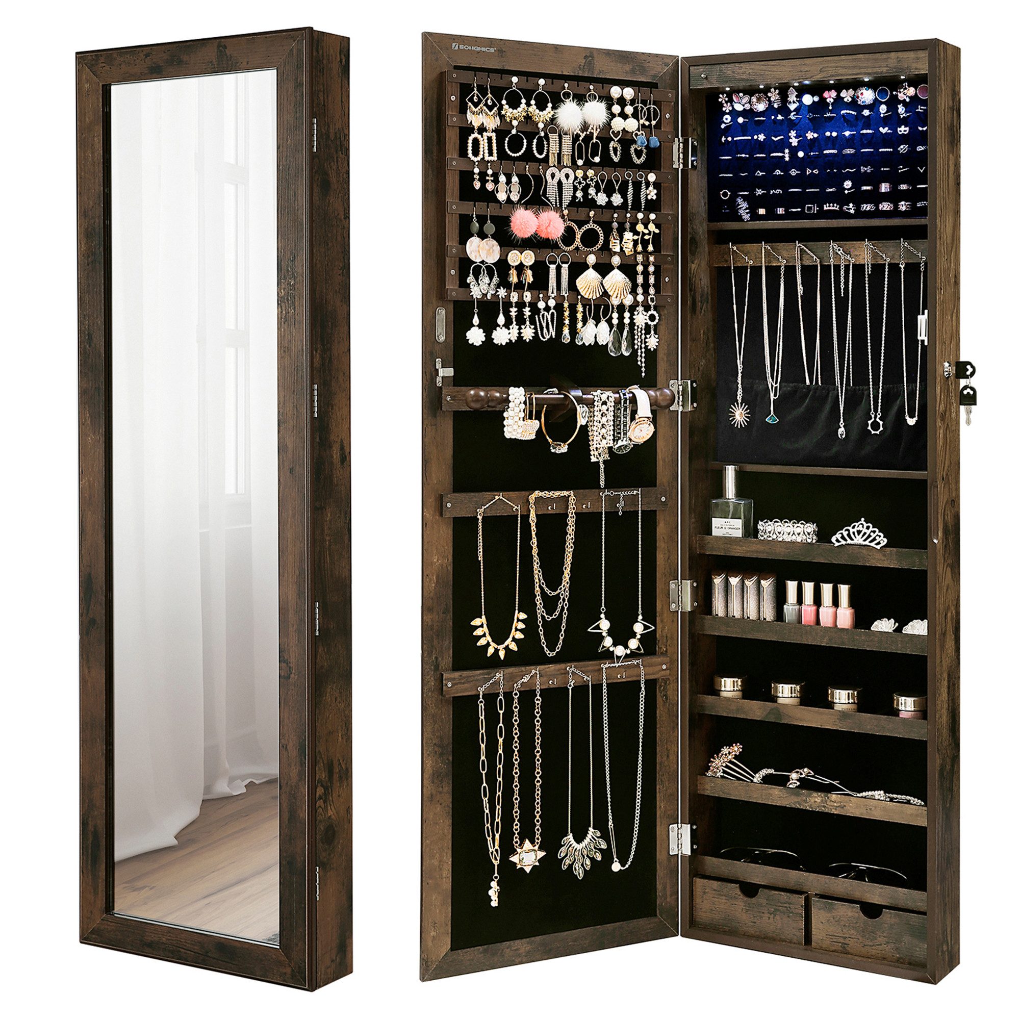 SONGMICS Schmuckschrank Spiegelschrank Wandspiegel Schmuck-Organizer mit günstig online kaufen