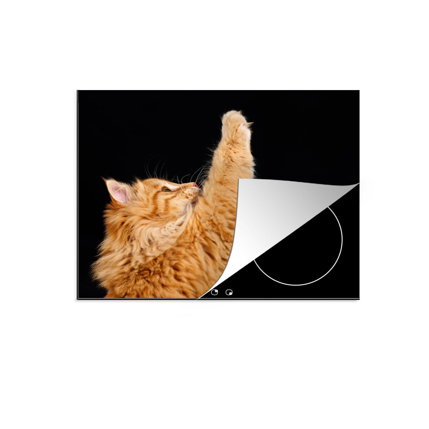 MuchoWow Herdblende-/Abdeckplatte Katze mit erhobener Pfote, Vinyl, (1 tlg), 59x52 cm, Ceranfeldabdeckung für die küche, Induktionsmatte | Herdabdeckplatten